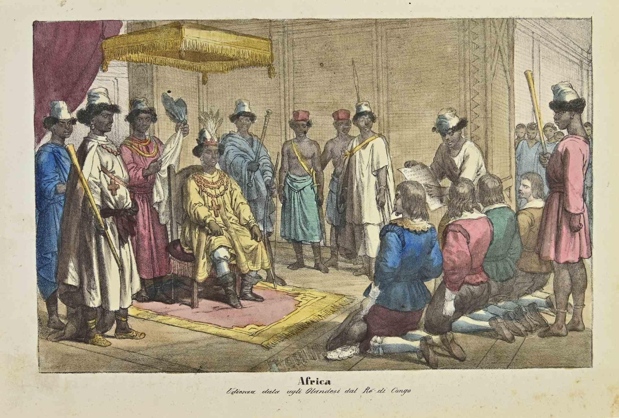 Ancient African Customs is a lithograph realized by Auguste Wahlen in 1844.

Hand colored.

Good condition.

At the center of the artwork is the original title "Africa" and subtitle "Udienza data agli Olandesi dal Re di Congo" (translated, "Audience