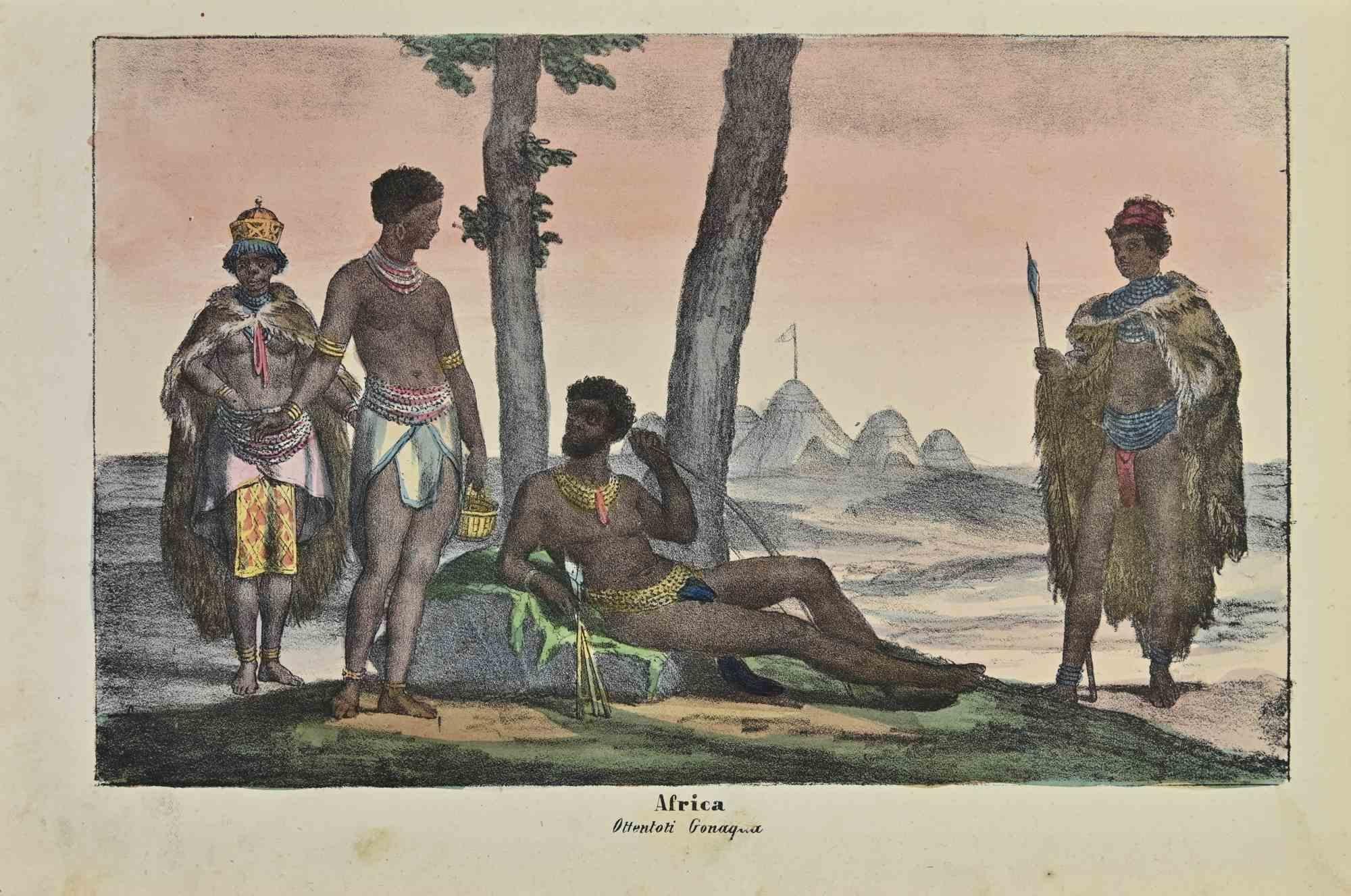 Ancient African Customs is a lithograph realized by Auguste Wahlen in 1844.

Hand colored.

Good condition.

At the center of the artwork is the original title "Africa" and subtitle "Ottentoti Gonaqua".

The work is part of Suite Moeurs, usages et