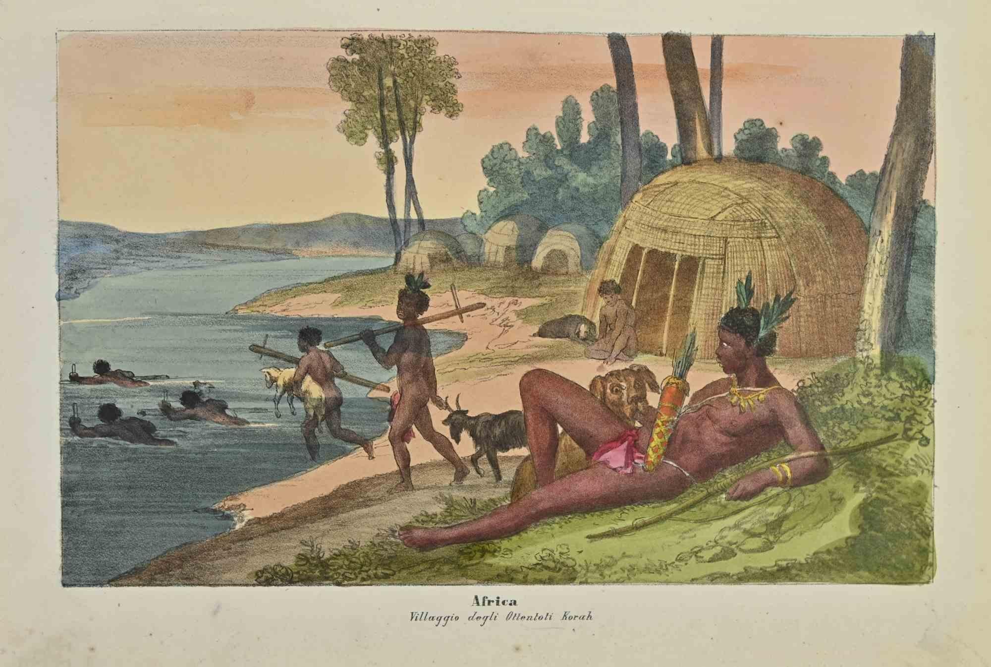 Ancient African Customs is a lithograph made by Auguste Wahlen in 1844.

Hand colored.

Good condition.

At the center of the artwork is the original title "Africa" and subtitle "Villaggio degli Ottentoti Korah".

The work is part of Suite Moeurs,