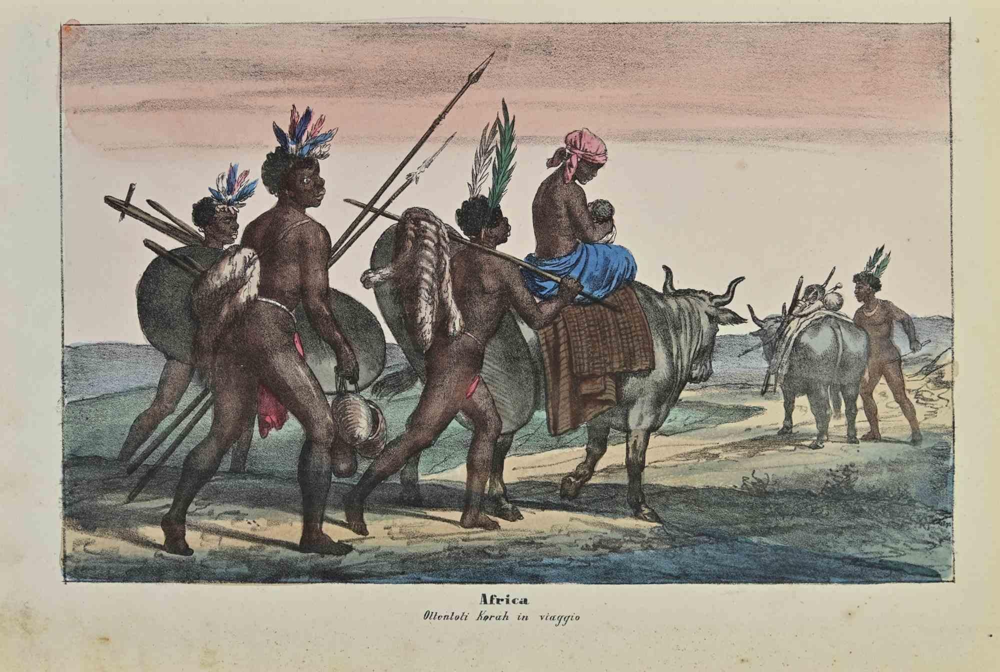 Ancient African Customs is a lithograph made by Auguste Wahlen in 1844.

Hand colored.

Good condition.

At the center of the artwork is the original title "Africa" and subtitle "Ottentoti Korah in viaggio".

The work is part of Suite Moeurs, usages