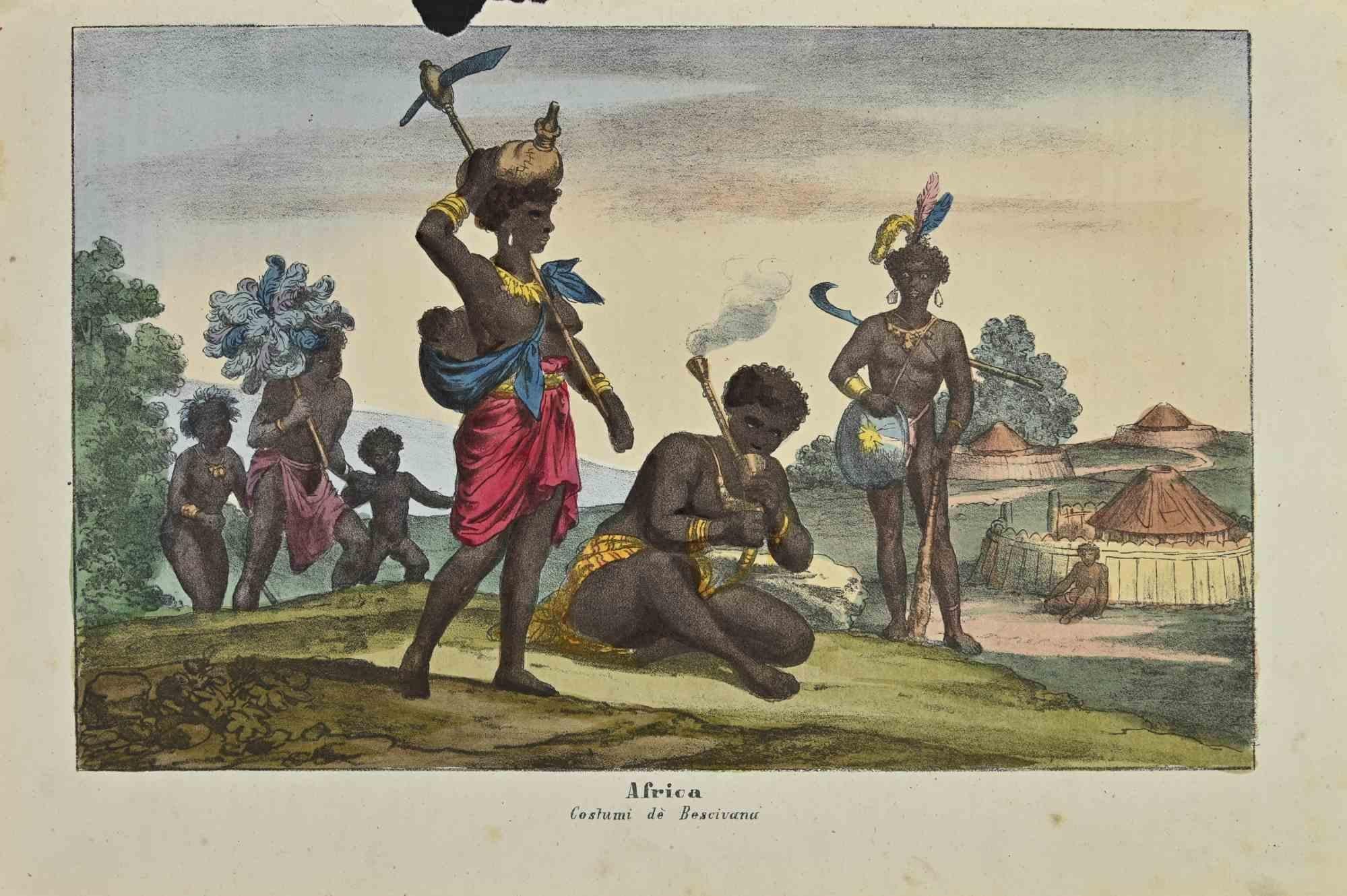 Ancient African Customs is a lithograph made by Auguste Wahlen in 1844.

Hand colored.

Good condition.

At the center of the artwork is the original title "Africa" and subtitle "Costumi dè Bescivana". 

The work is part of Suite Moeurs, usages et