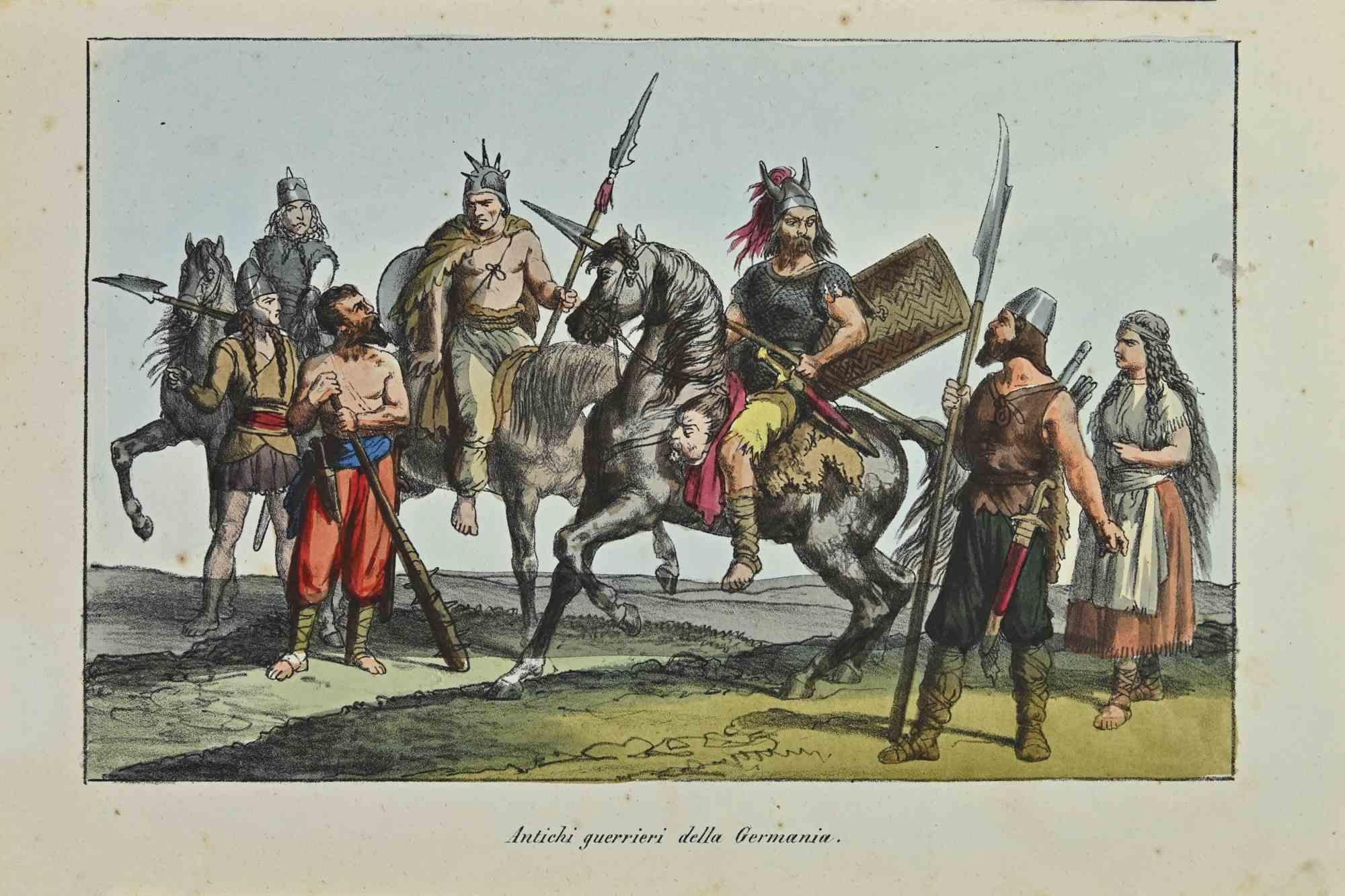 Ancient Warriors of Germany is a lithograph made by Auguste Wahlen in 1844.

Hand colored.

Good condition.

At the center of the artwork is the original title "Ancient Warriors of Germany".

The work is part of Suite Moeurs, usages et costumes de