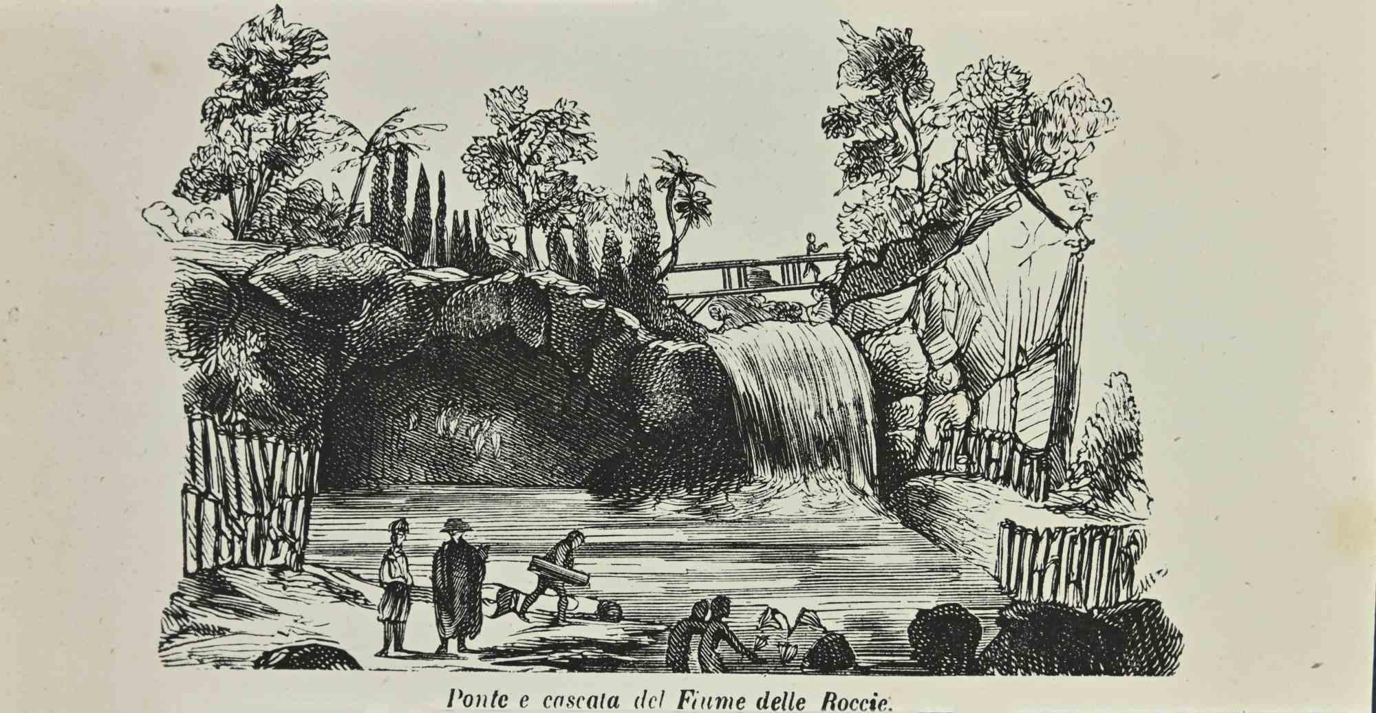 Bridge and waterfall of the River of the Rocks is a lithograph made by Auguste Wahlen in 1844.

Good condition.

At the center of the artwork is the original title "Ponte e cascata del Fiume delle Roccie".

The work is part of Suite Moeurs, usages
