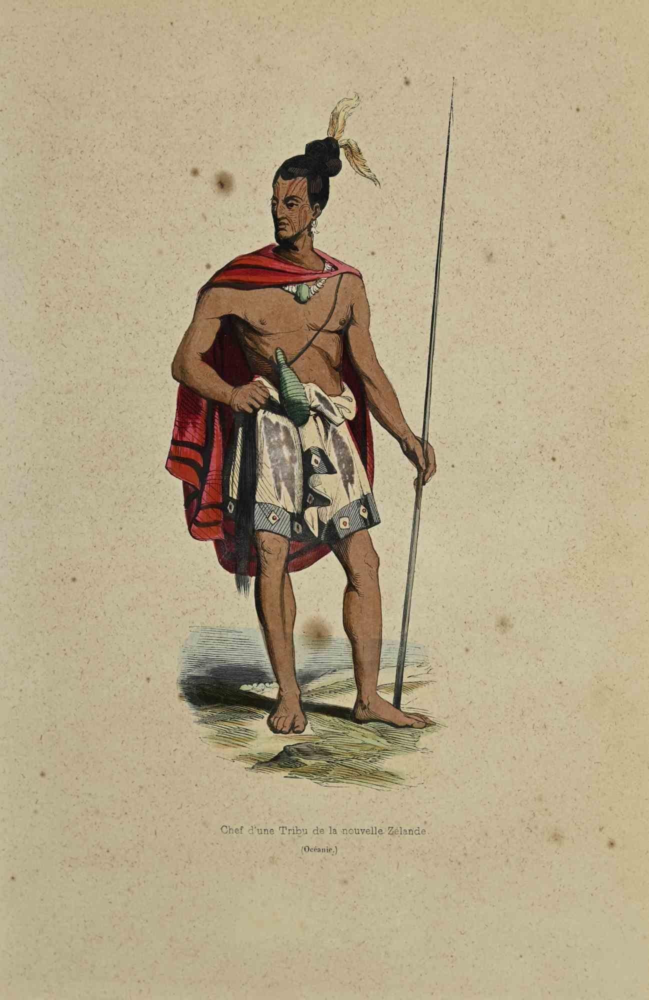 Chef d'une Tribu de la Nouvelle Zelande - Lithographie von Auguste Wahlen - 1844
