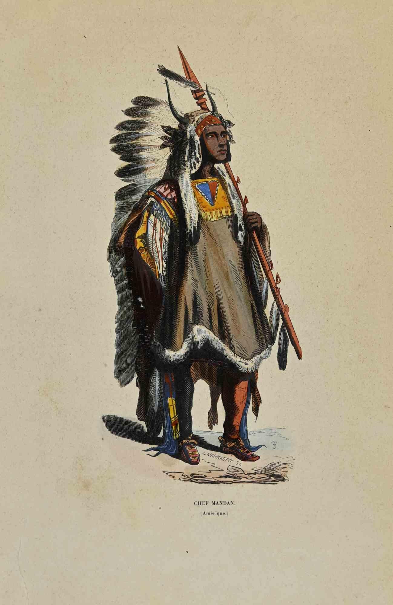 Chef Mandan is a hand colored lithographs realized by Auguste Wahlen in 1844.

Good conditions.

The artwork belongs to the Suite Moeurs, usages et costumes de tous les peuples du monde, d'après des documents authentiques et les voyages les plus