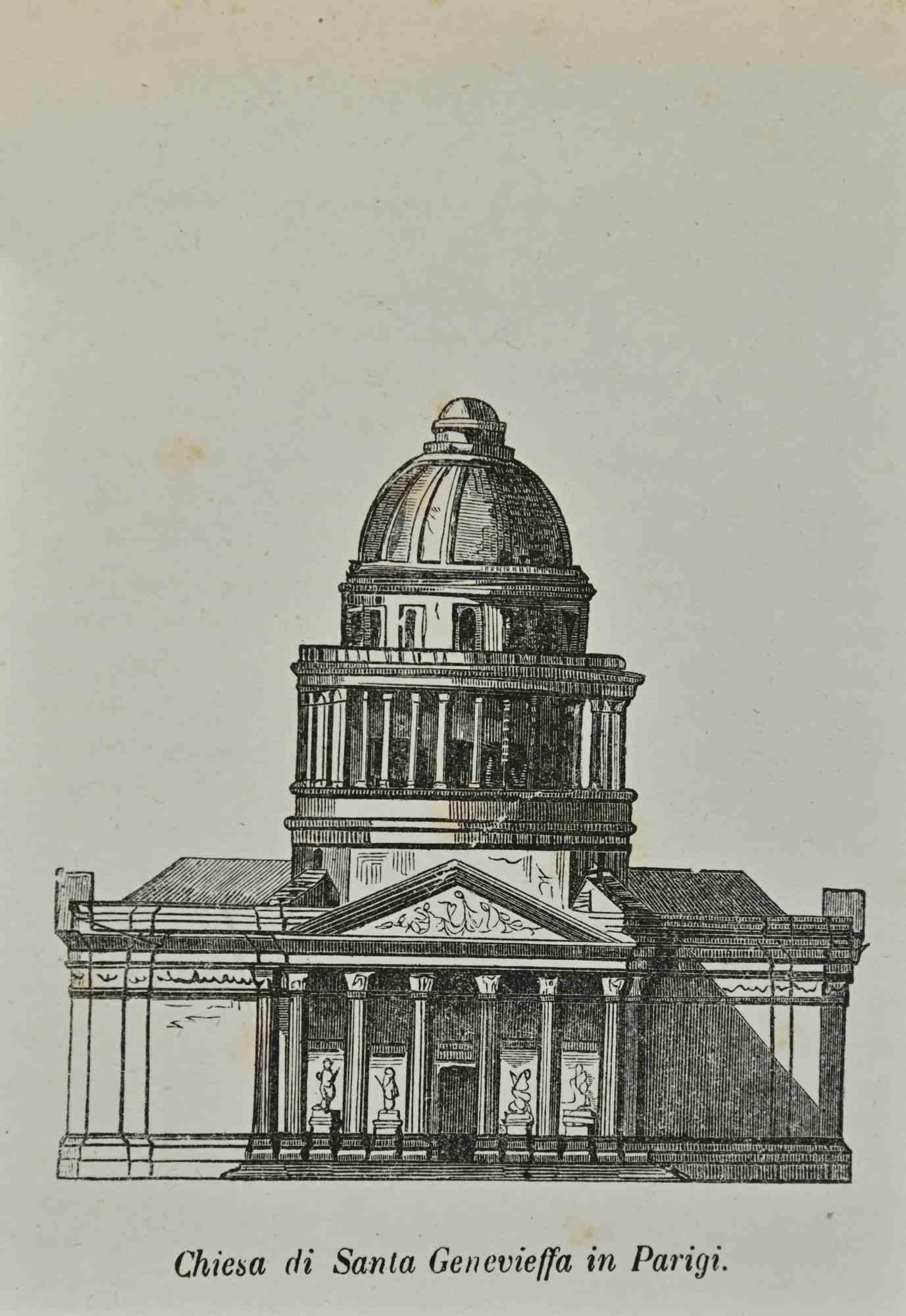 Church of Saint Genevieffa in Paris is a lithograph made by Auguste Wahlen in 1844.

Good condition.

Drawing in black and white.

At the center of the artwork is the original title "Chiesa di Santa Genevieffa in Parigi".

The work is part of Suite