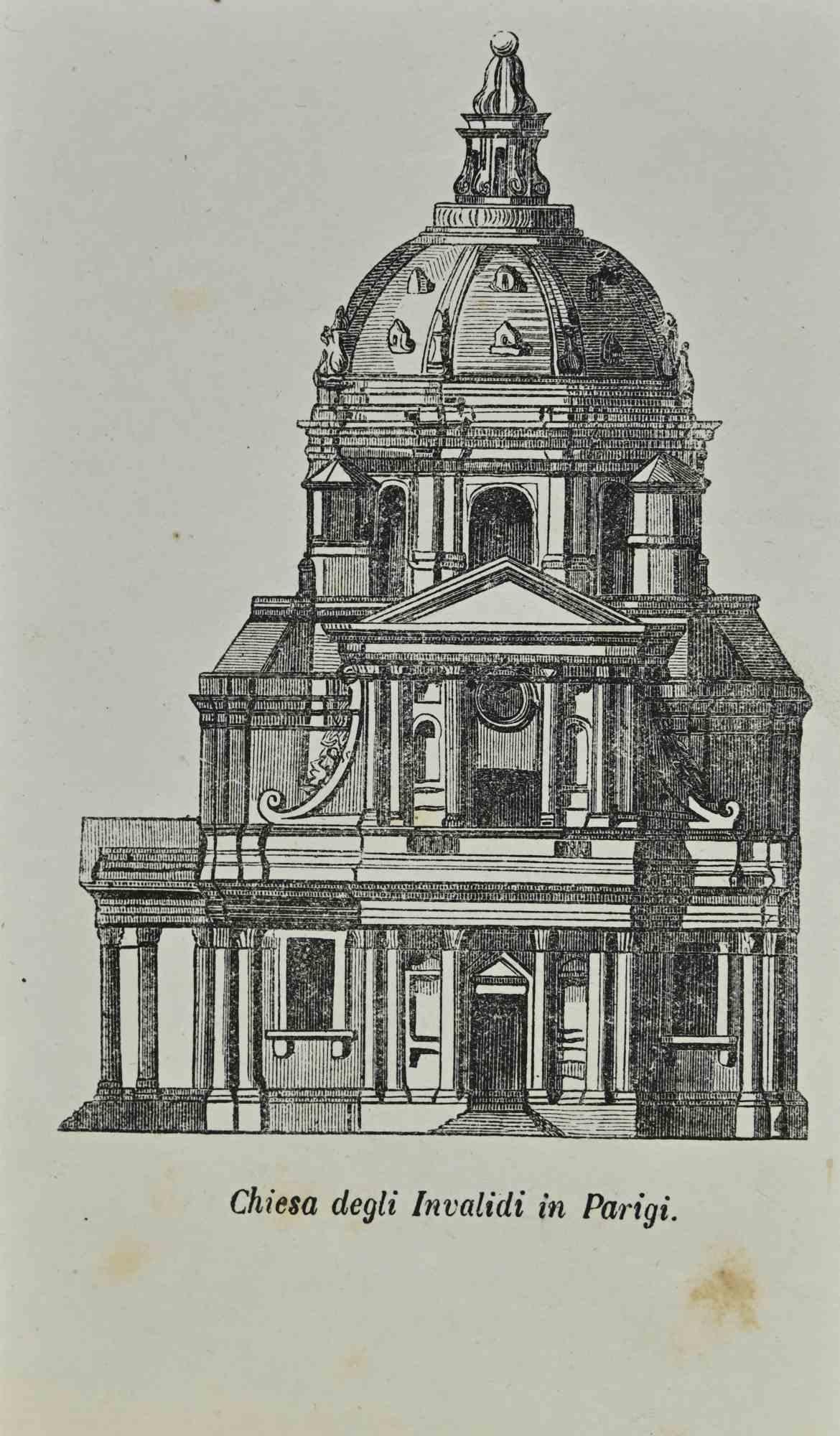 Church of the Invalids in Paris is a lithograph made by Auguste Wahlen in 1844.

Good condition.

Drawing in black and white.

At the center of the artwork is the original title "Chiesa degli Invalidi in Parigi".

The work is part of Suite Moeurs,