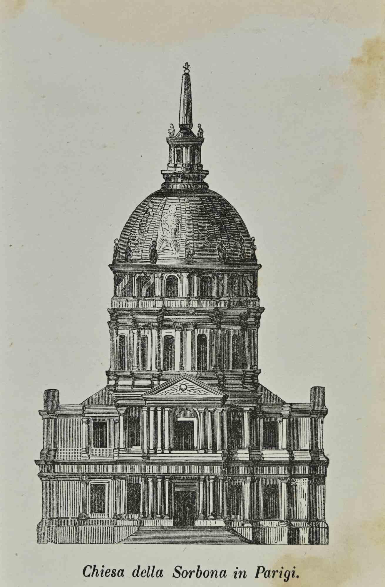 Church of the Sorbonne in Paris is a lithograph made by Auguste Wahlen in 1844.

Good condition.

Drawing in black and white.

At the center of the artwork is the original title "Chiesa della Sorbona in Parigi".

The work is part of Suite Moeurs,