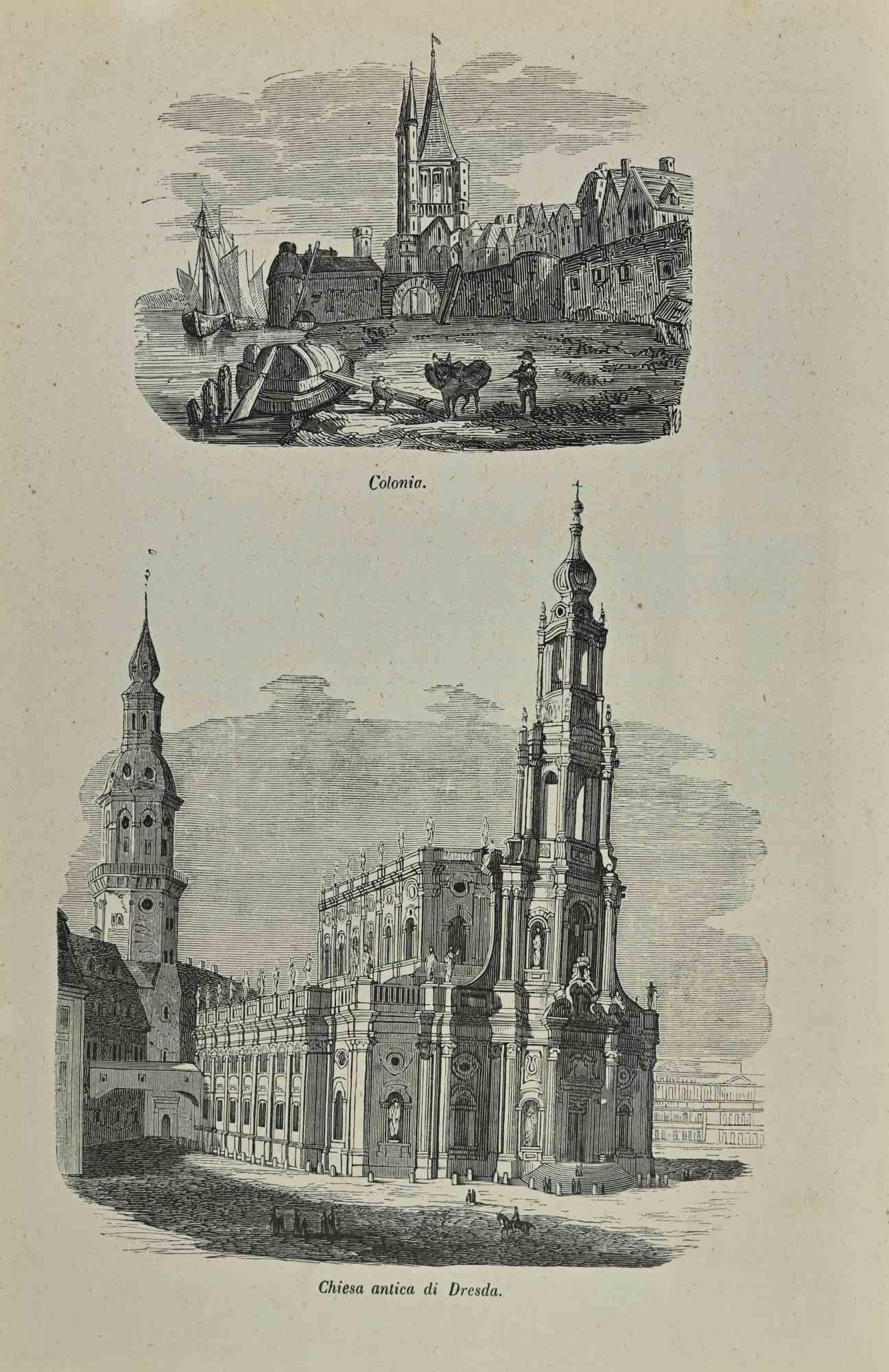 Cologne and Old Church of Dresden is a lithograph made by Auguste Wahlen in 1844.

Good condition.

Drawing in black and white.

Below the drawings are the respective original titles "Colonia" and "Chiesa antica di Dresda".

The work is part of