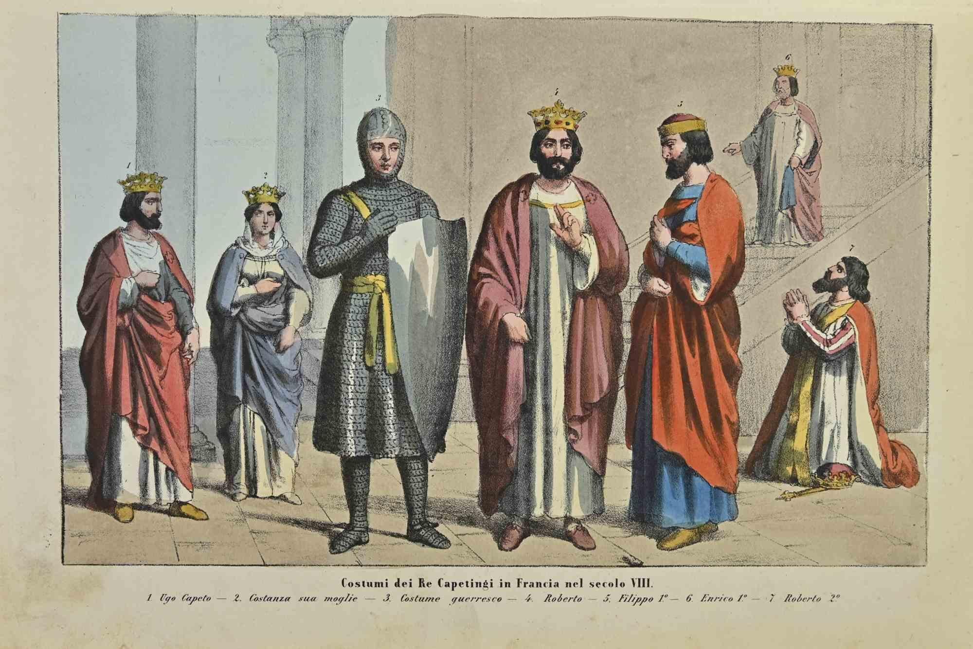 Costumes of the Capetian Kings in France in the 8th century is a lithograph made by Auguste Wahlen in 1844.

Hand colored.

Good condition.

At the center of the artwork is the original title "Costumi dei Re Capetingi in Francia nel secolo