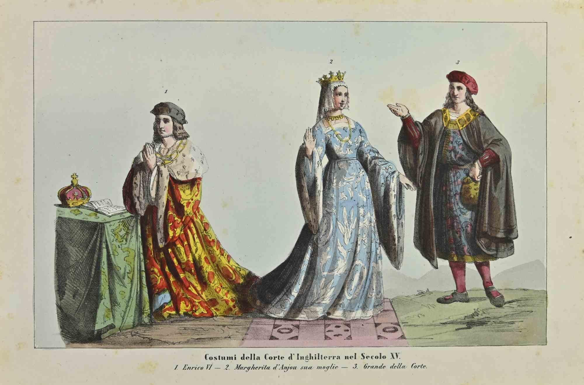 Costumes of the Court of England in the 15th century is a lithograph made by Auguste Wahlen in 1844.

Hand colored.

Good condition.

At the center of the artwork is the original title "Costumi della Corte d'Inghilterra nel Secolo XV".

The work is
