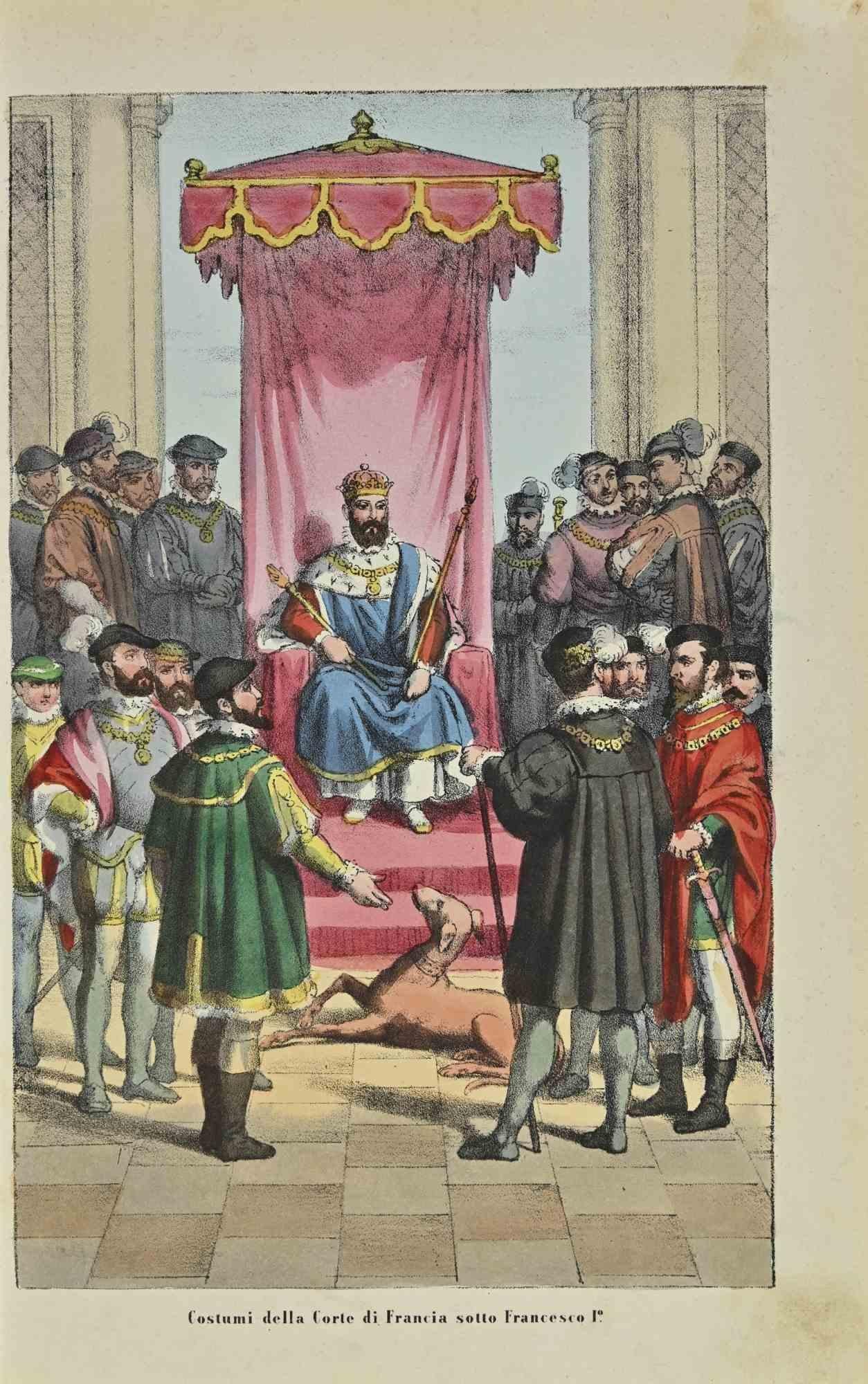 Costumes of the Court of France under Francis I is a lithograph made by Auguste Wahlen in 1844.

Hand colored.

Good condition.

At the center of the artwork is the original title "Costumi della Corte di Francia sotto Francesco I".

The work is part