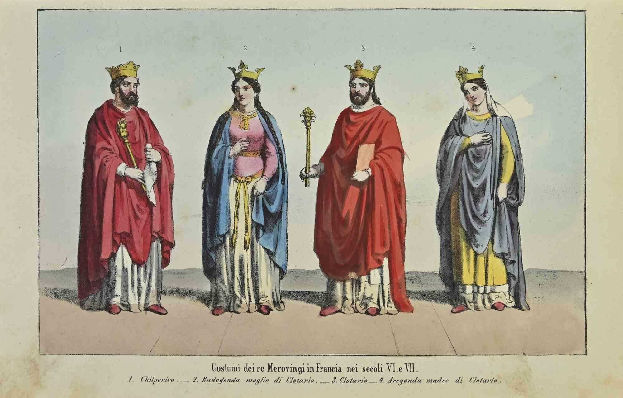 Customs of the Merovingian kings in France in the 6th and 7th centuries is a lithograph made by Auguste Wahlen in 1844.

Hand colored.

Good condition.

At the center of the artwork is the original title "Costumi dei re Merovingi in Francia nei