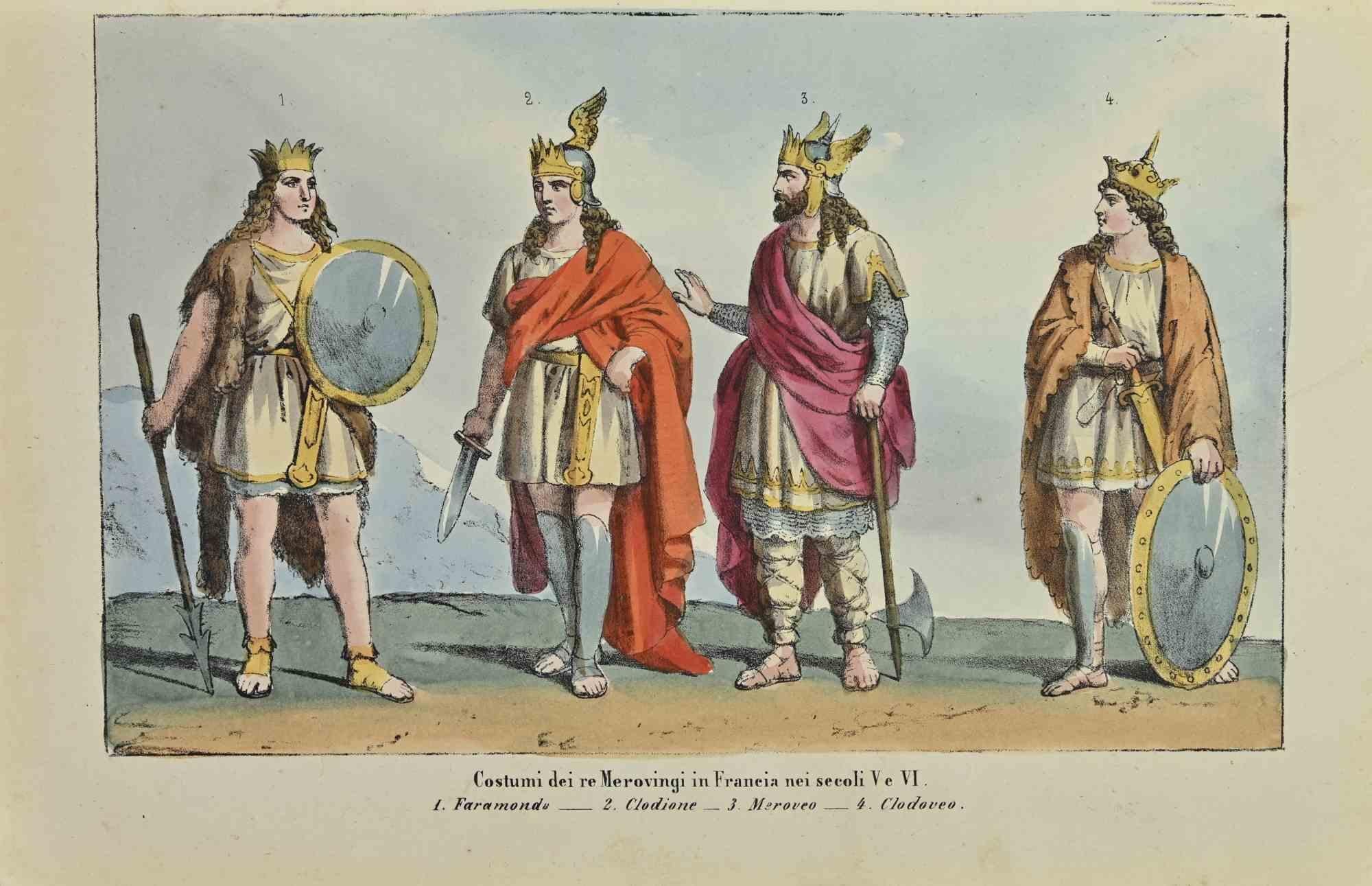 Customs of the Merovingian kings in France in the 5th and 6th centuries is a lithograph made by Auguste Wahlen in 1844.

Hand colored.

Good condition.

At the center of the artwork is the original title "Costumi dei re Merovingi in Francia nei