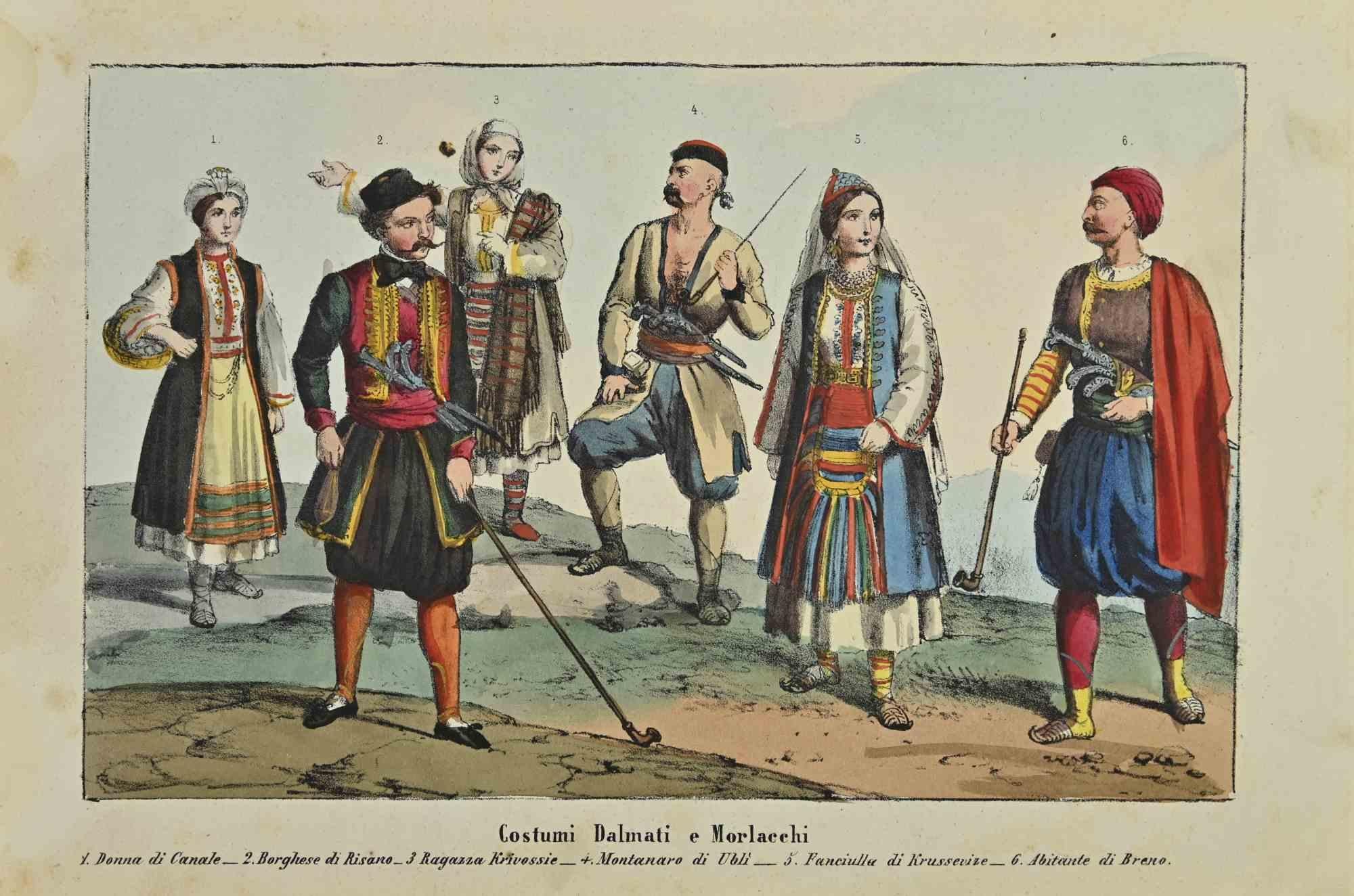 Dalmatian and Morlacchi Customs is a lithograph made by Auguste Wahlen in 1844.

Hand colored.

Good condition.

At the center of the artwork is the original title "Dalmatian and Morlacchi Costumes".

The work is part of Suite Moeurs, usages et