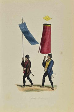 Porte-étendard et ombrelle japonaise - Lithographie de Auguste Wahlen - 1844
