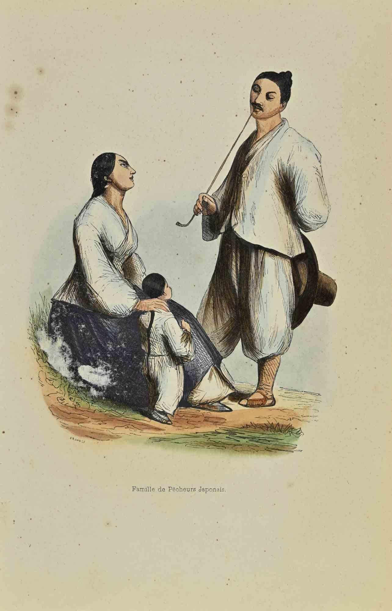 Family of Japanese Fishermen is a lithograph made by Auguste Wahlen in 1844.

Hand colored.

Good condition.

At the center of the artwork is the original title "Famille de Pecheurs Japonais".

The work is part of Suite Moeurs, usages et costumes de