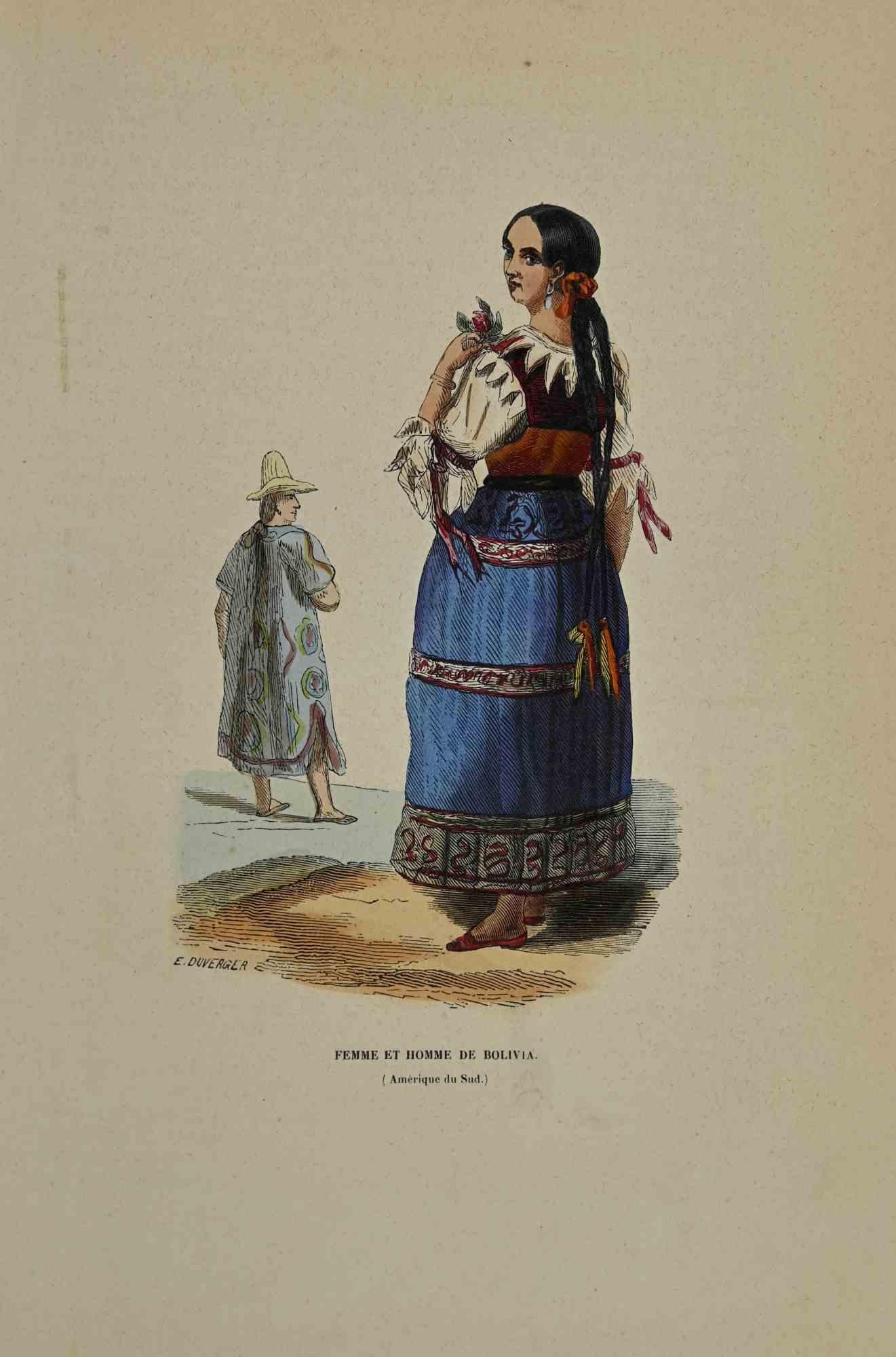 Femme et Homme de Bolivia ist eine handkolorierte Lithographie von Auguste Wahlen aus dem Jahr 1844.

Gute Bedingungen.

Das Kunstwerk gehört zu der Suite Moeurs, usages et costumes de tous les peuples du monde, d'après des documents authentiques et