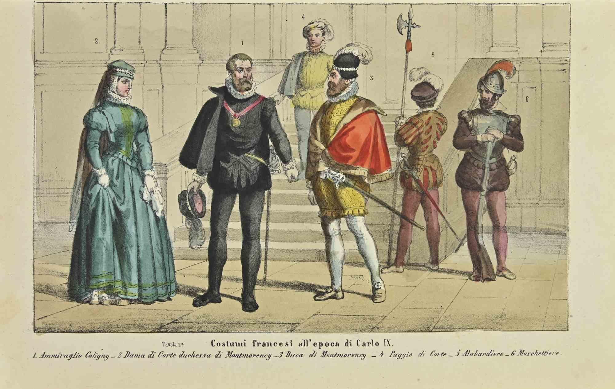 French costumes at the time of Charles IX is a lithograph made by Auguste Wahlen in 1844.

Hand colored.

Good condition.

At the center of the artwork is the original title "Costumi francesi all'epoca di Carlo IX".

The work is part of Suite