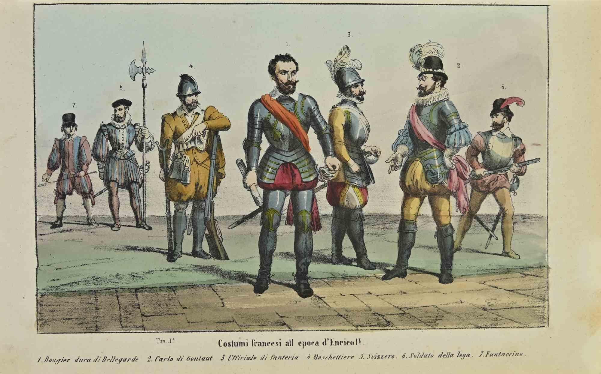 French costumes at the time of Henry IV is a lithograph made by Auguste Wahlen in 1844.

Hand colored.

Good condition.

At the center of the artwork is the original title "Costumi francesi all'epoca di Enrico IV".

The work is part of Suite Moeurs,