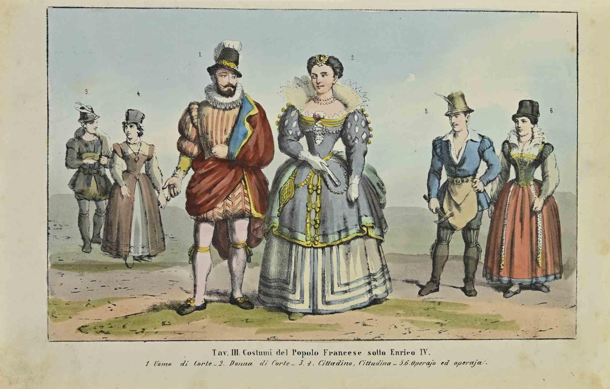 French costumes at the time of Henry IV is a lithograph made by Auguste Wahlen in 1844.

Hand colored.

Good condition.

At the center of the artwork is the original title "Tav. III. Costumi francesi all'epoca di Enrico IV".

The work is part of