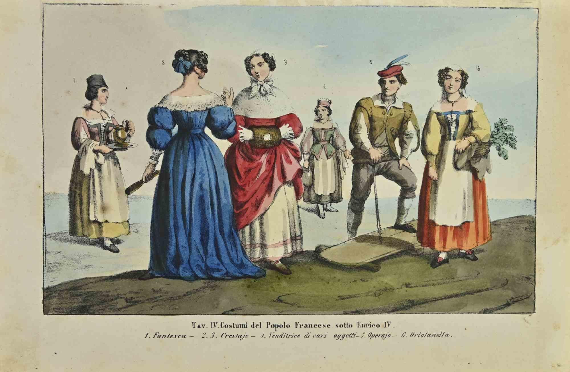 French costumes at the time of Henry IV is a lithograph made by Auguste Wahlen in 1844.

Hand colored.

Good condition.

At the center of the artwork is the original title "Tav. IV. Costumi francesi all'epoca di Enrico IV".

The work is part of