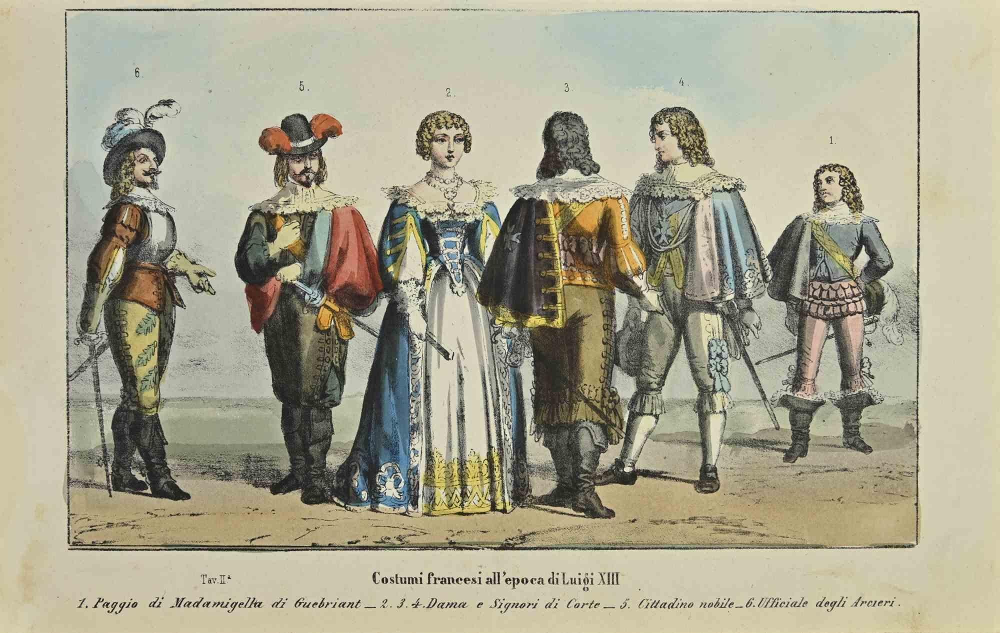 French Costumes at the time of Louis XII is a lithograph made by Auguste Wahlen in 1844.

Hand colored.

Good condition.

At the center of the artwork is the original title "Costumi Francesi all'epoca di Luigi XIII".

The work is part of Suite