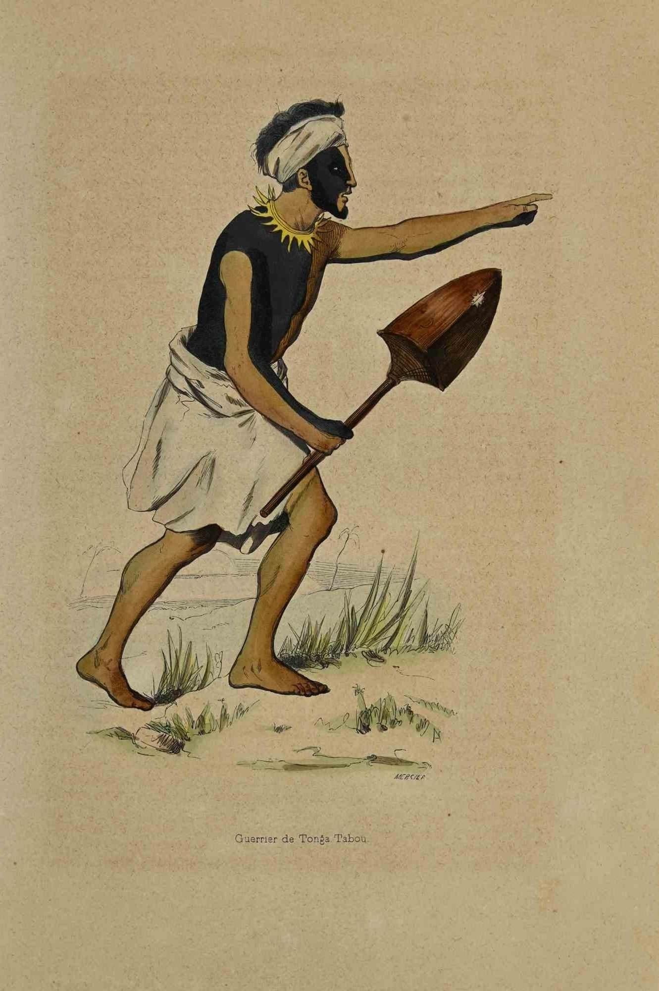 Guerrier de Tonga Tabou - Lithographie d'Auguste Wahlen - 1844