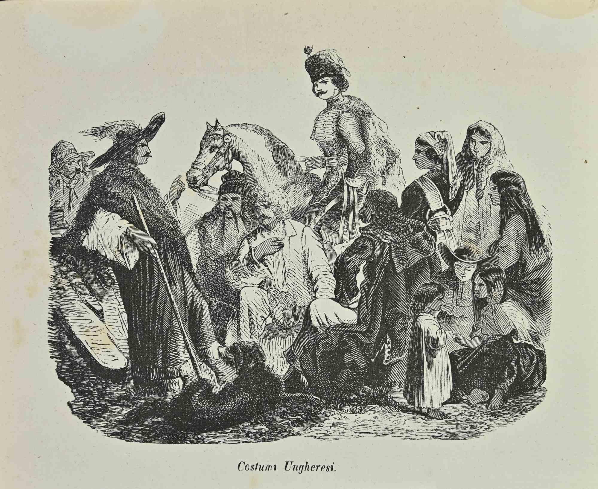 Hungarian Customs is a lithograph made by Auguste Wahlen in 1844.

Drawing in black and white.

Good condition.

At the center of the artwork is the original title "Costumi Ungheresi".

The work is part of Suite Moeurs, usages et costumes de tous