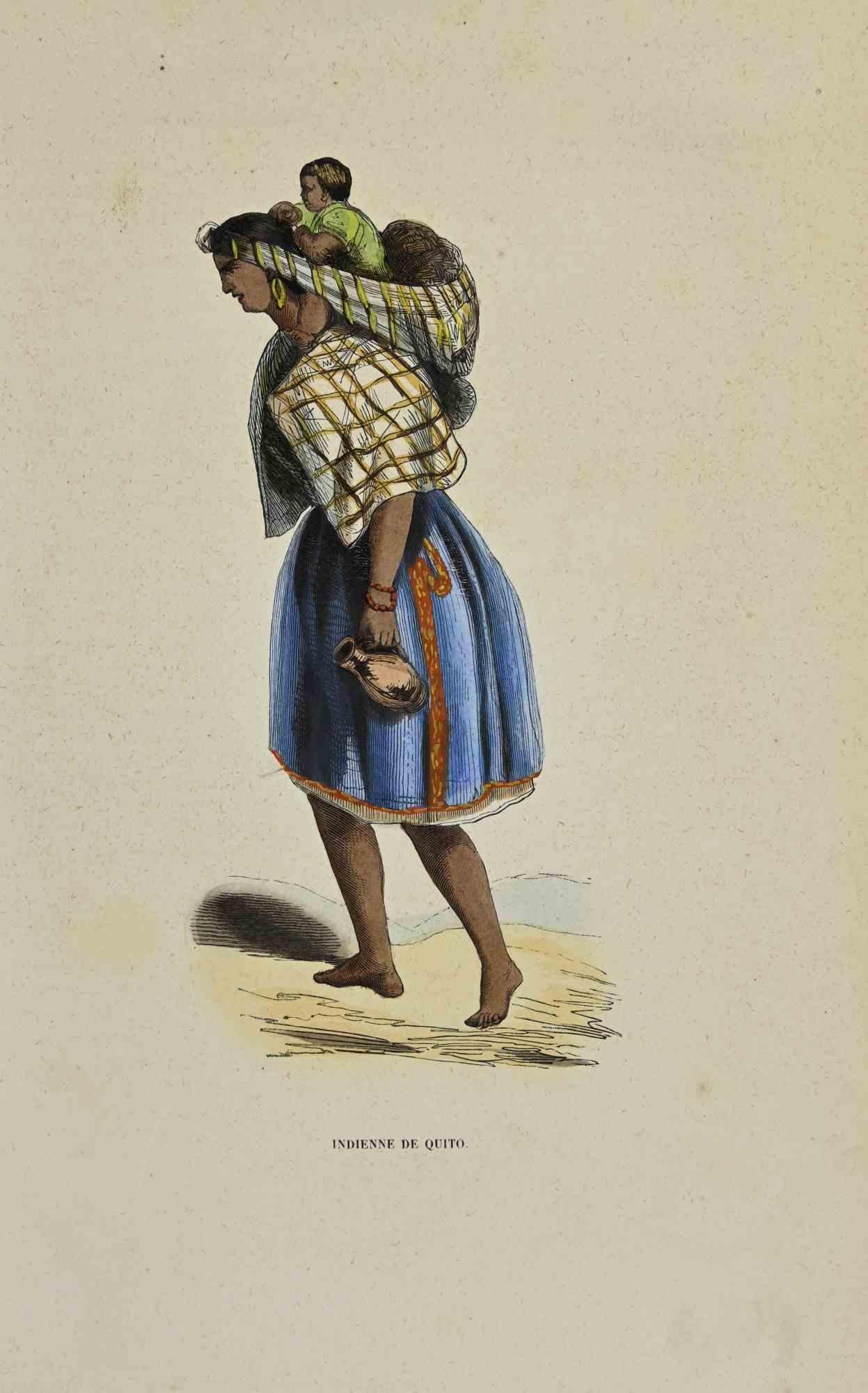 Indienne de Quito ist eine handkolorierte Lithographie von Auguste Wahlen aus dem Jahr 1844.

Gute Bedingungen.

Das Kunstwerk gehört zu der Suite Moeurs, usages et costumes de tous les peuples du monde, d'après des documents authentiques et les