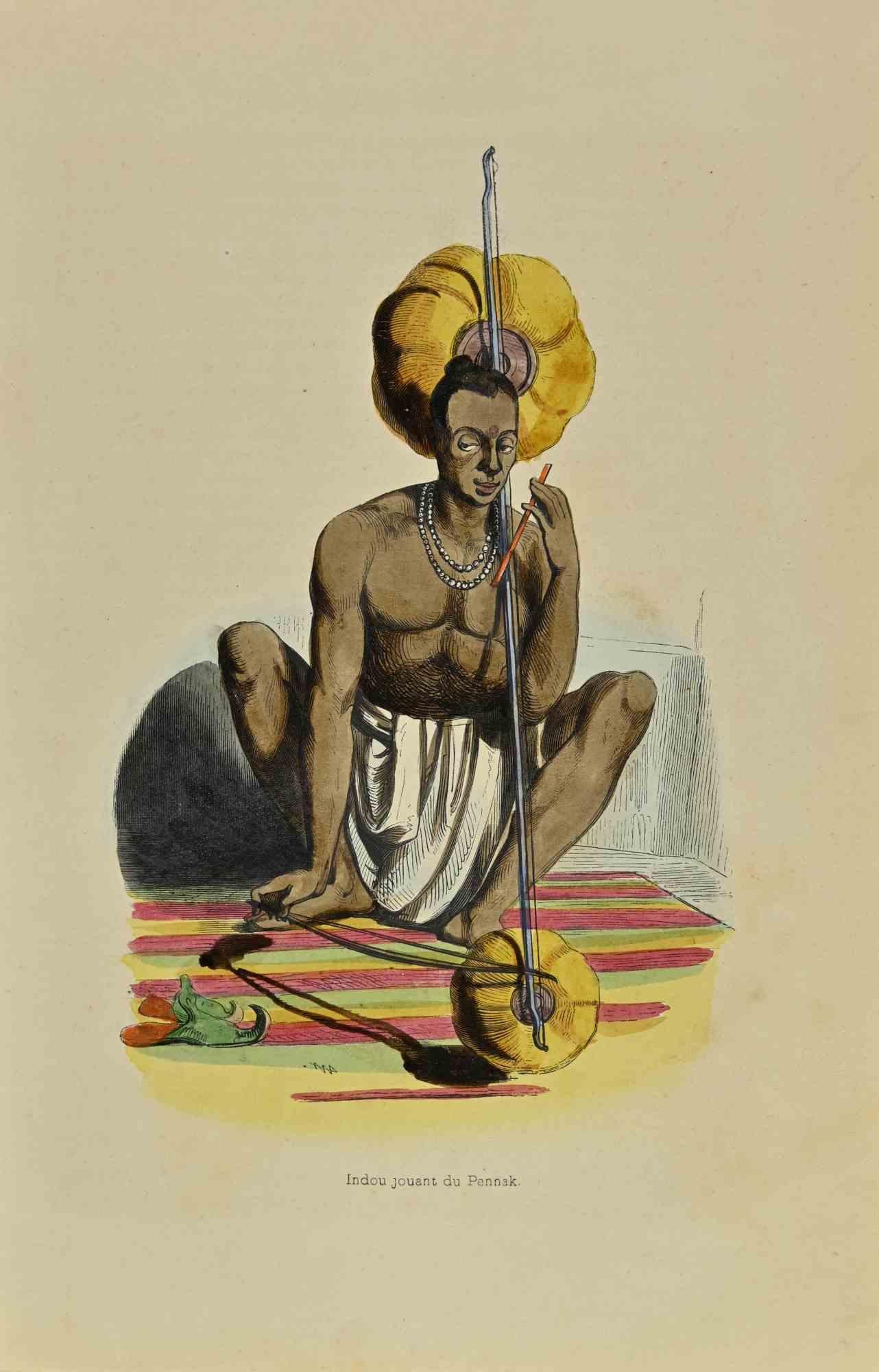 Indou Playing the Pannak is a lithograph made by Auguste Wahlen in 1844.

Hand colored.

Good condition.

At the center of the artwork is the original title "Indou jouant du Pannak".

The work is part of Suite Moeurs, usages et costumes de tous les