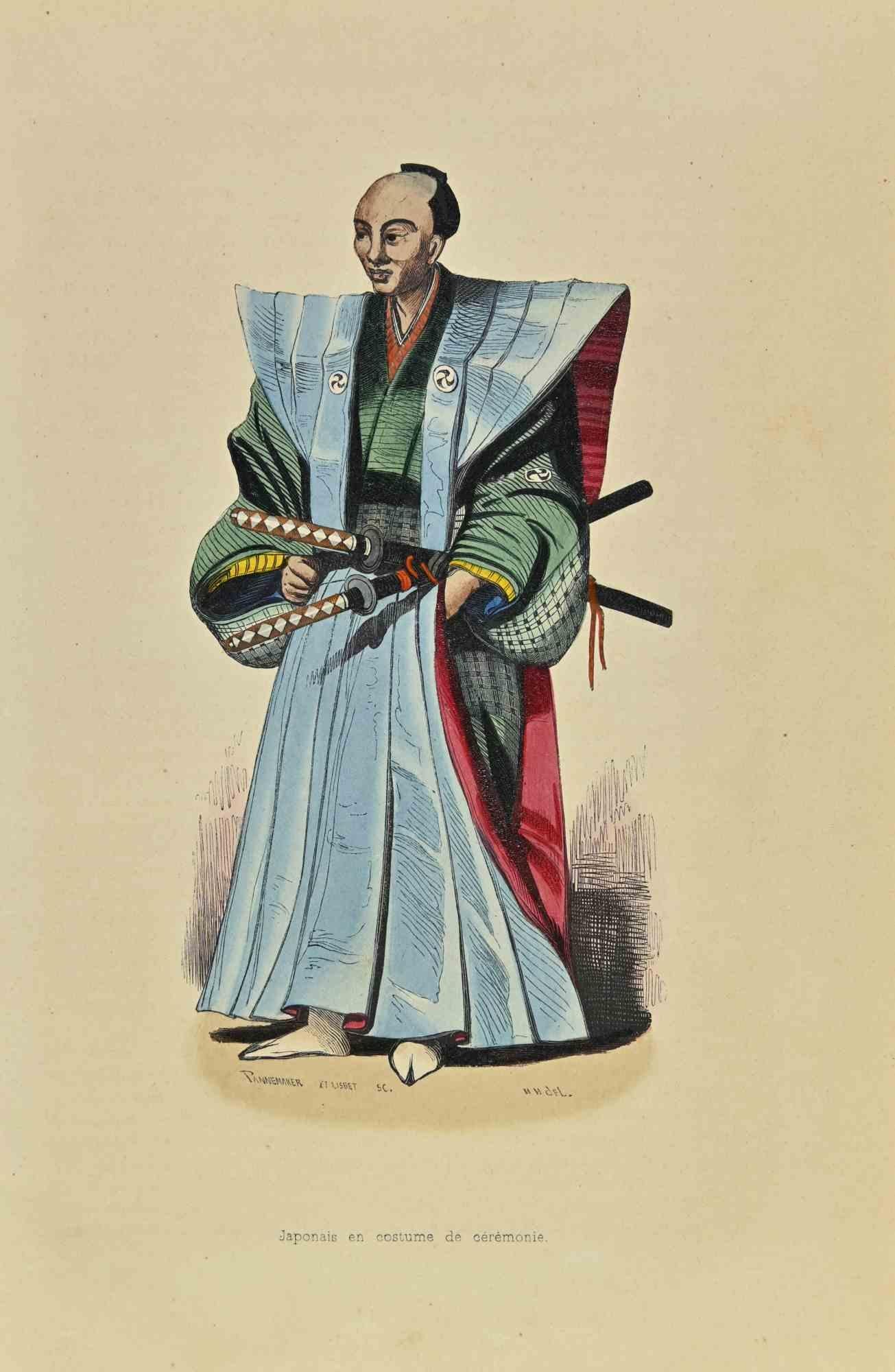 Japaner in zeremonieller Tracht - Lithographie von Auguste Wahlen - 1844