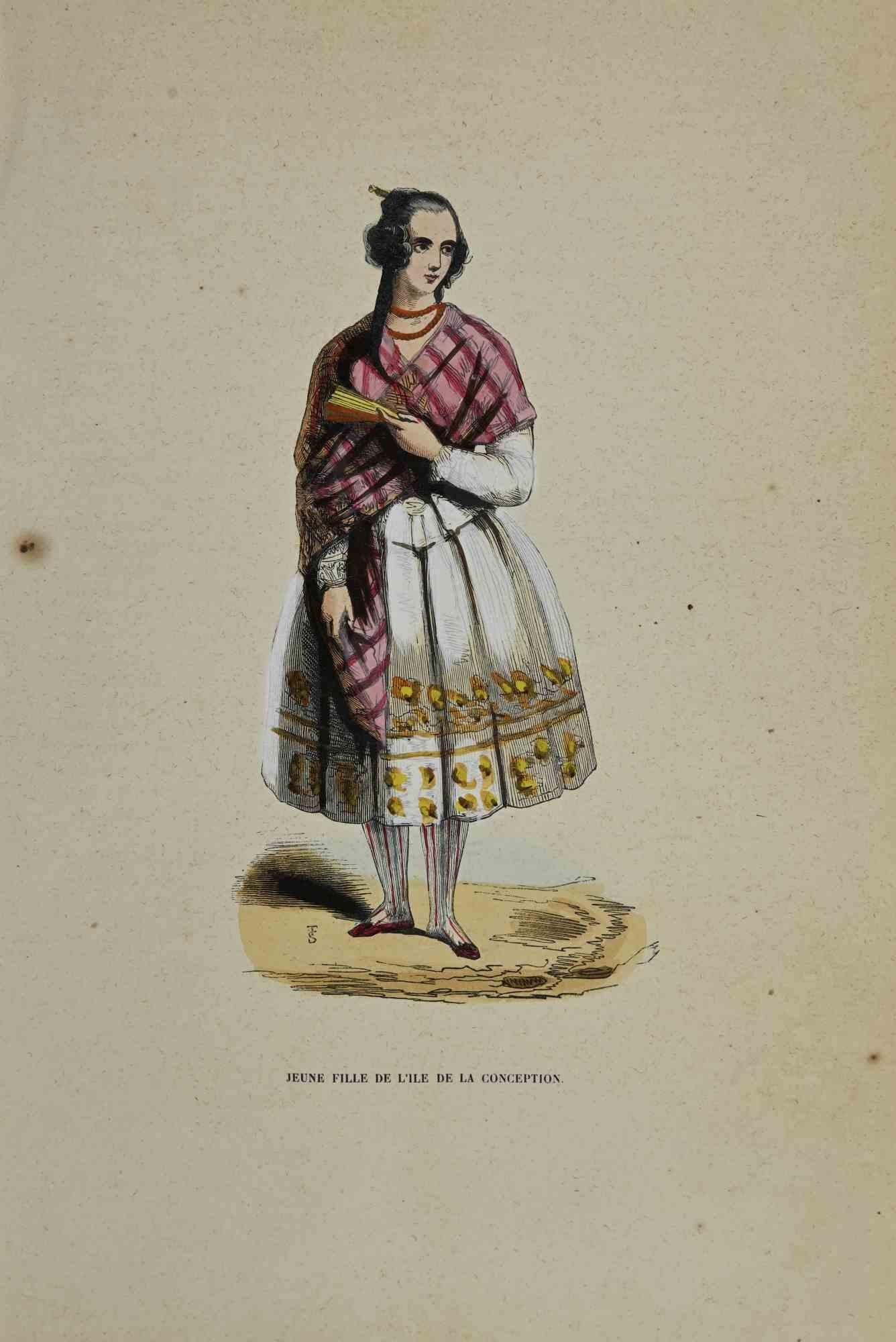 Jeune Fille de l'Ile de La Conception ist eine handkolorierte Lithographie von Auguste Wahlen aus dem Jahr 1844.

Gute Bedingungen.

Das Kunstwerk gehört zu der Suite Moeurs, usages et costumes de tous les peuples du monde, d'après des documents