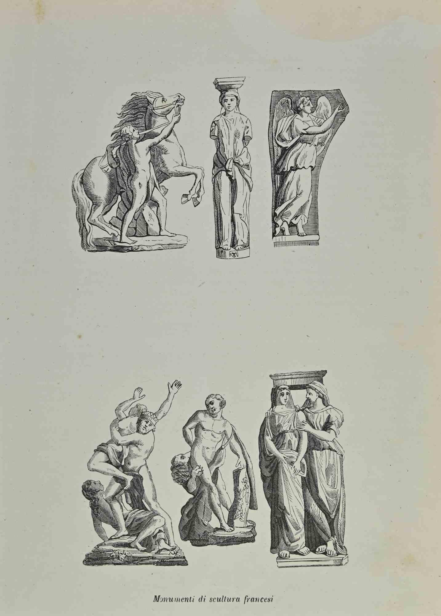 Monuments of French Sculpture is a lithograph made by Auguste Wahlen in 1844.

Good condition.

Drawing in black and white.

At the center of the artwork is the original title "Monumenti di scultura francesi".

The work is part of Suite Moeurs,