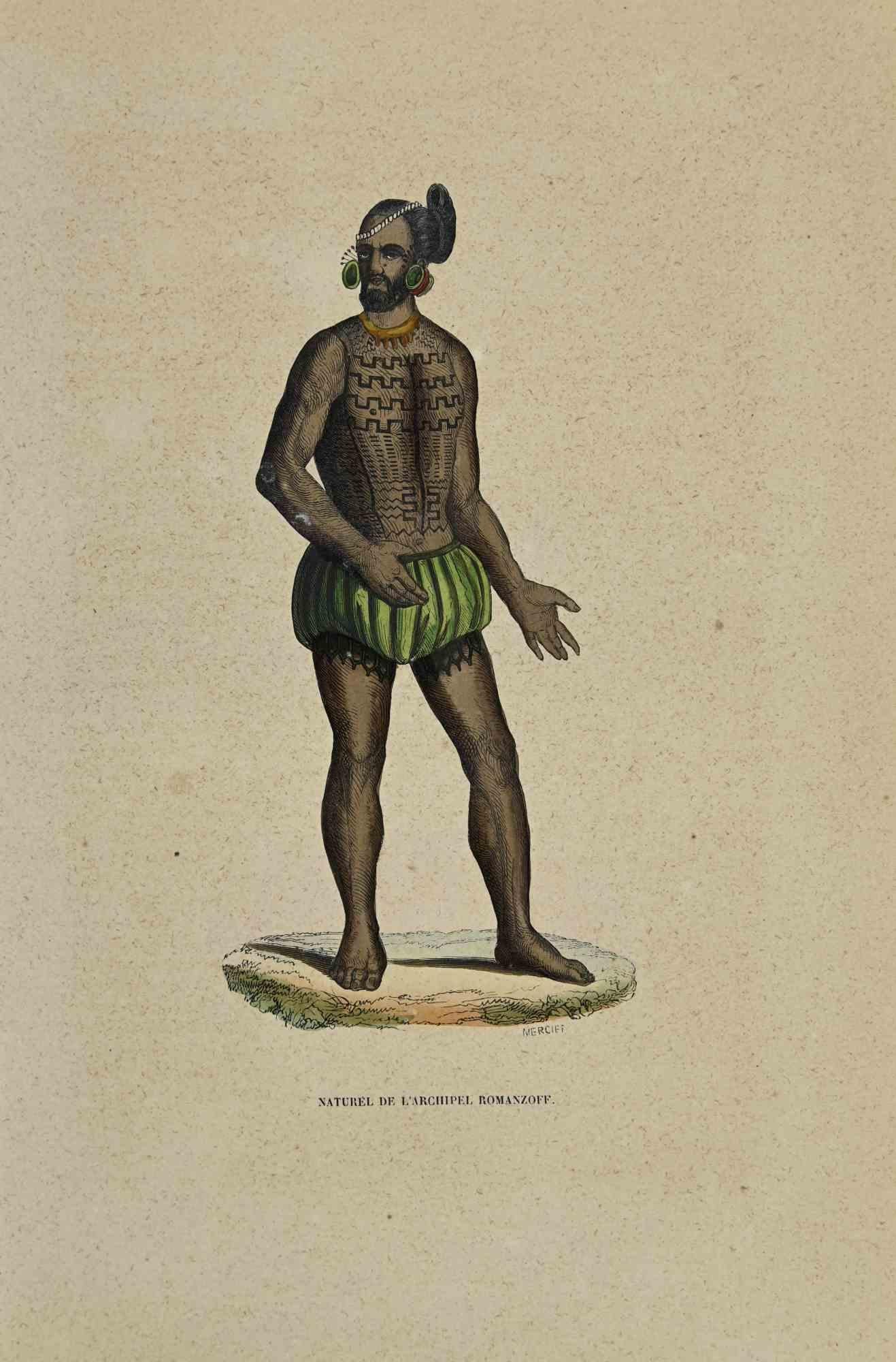 Naturel de l'Archipel Romanzoff is a hand colored lithographs realized by Auguste Wahlen in 1844.

Good condition.

The artwork belongs to the Suite Moeurs, usages et costumes de tous les peuples du monde, d'après des documents authentiques et les