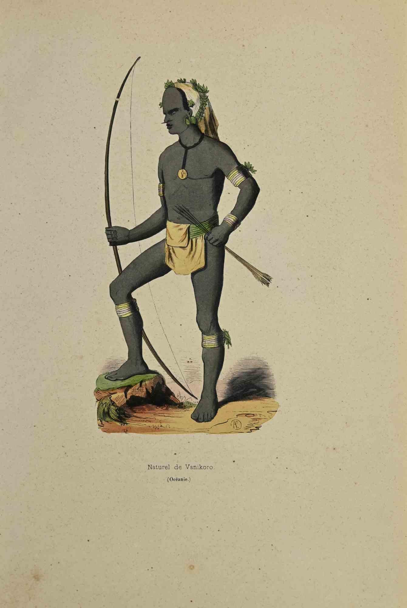 Naturel de Vanikoro is a hand colored lithographs realized by Auguste Wahlen in 1844.

good conditions.

the artwork belongs to the Suite Moeurs, usages et costumes de tous les peuples du monde, d'après des documents authentiques et les voyages les