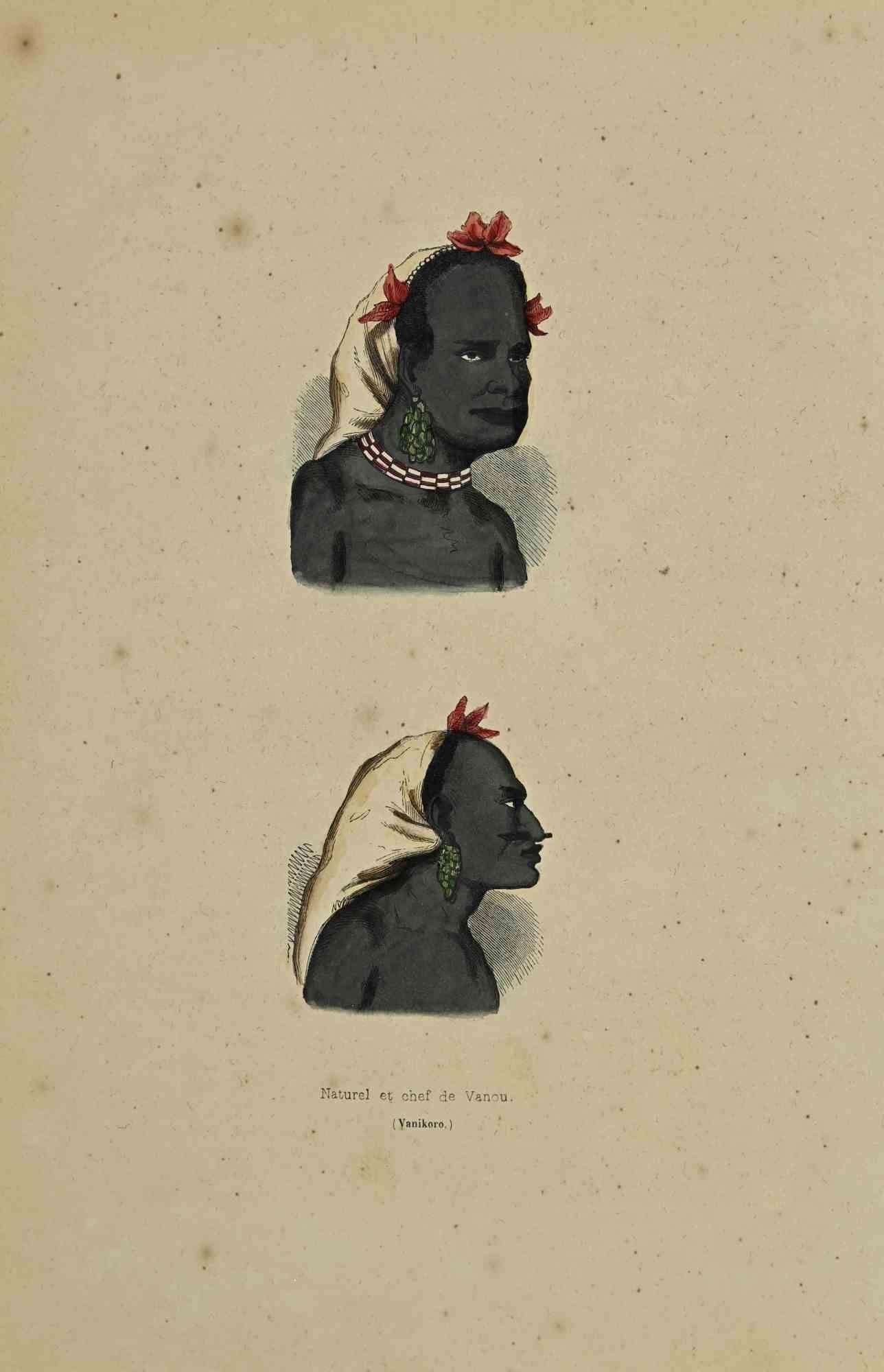 Naturel et Chef de Vanou ist eine handkolorierte Lithographie von Auguste Wahlen aus dem Jahr 1844.

Gute Bedingungen.

Das Kunstwerk gehört zu der Suite Moeurs, usages et costumes de tous les peuples du monde, d'après des documents authentiques et