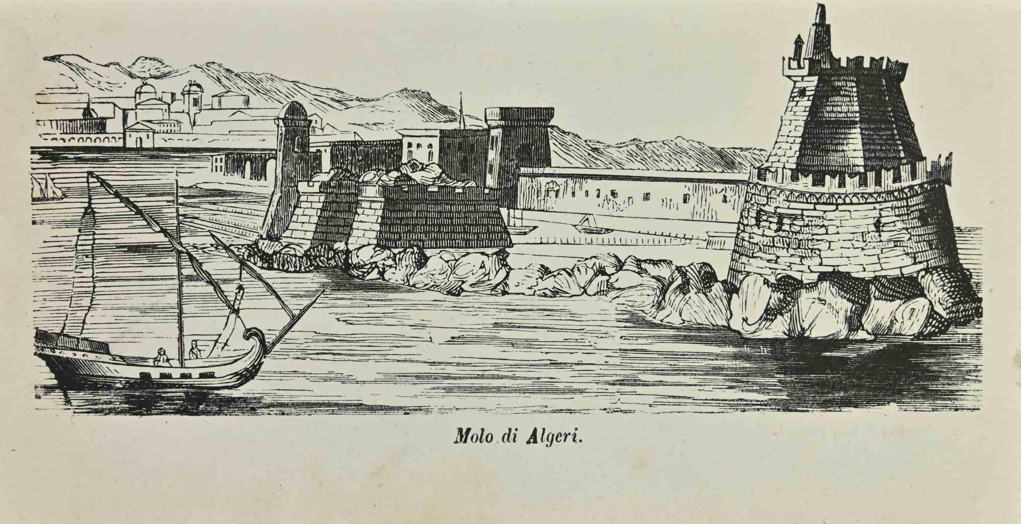 Pier in Algiers - Lithograph by Auguste Wahlen - 1844