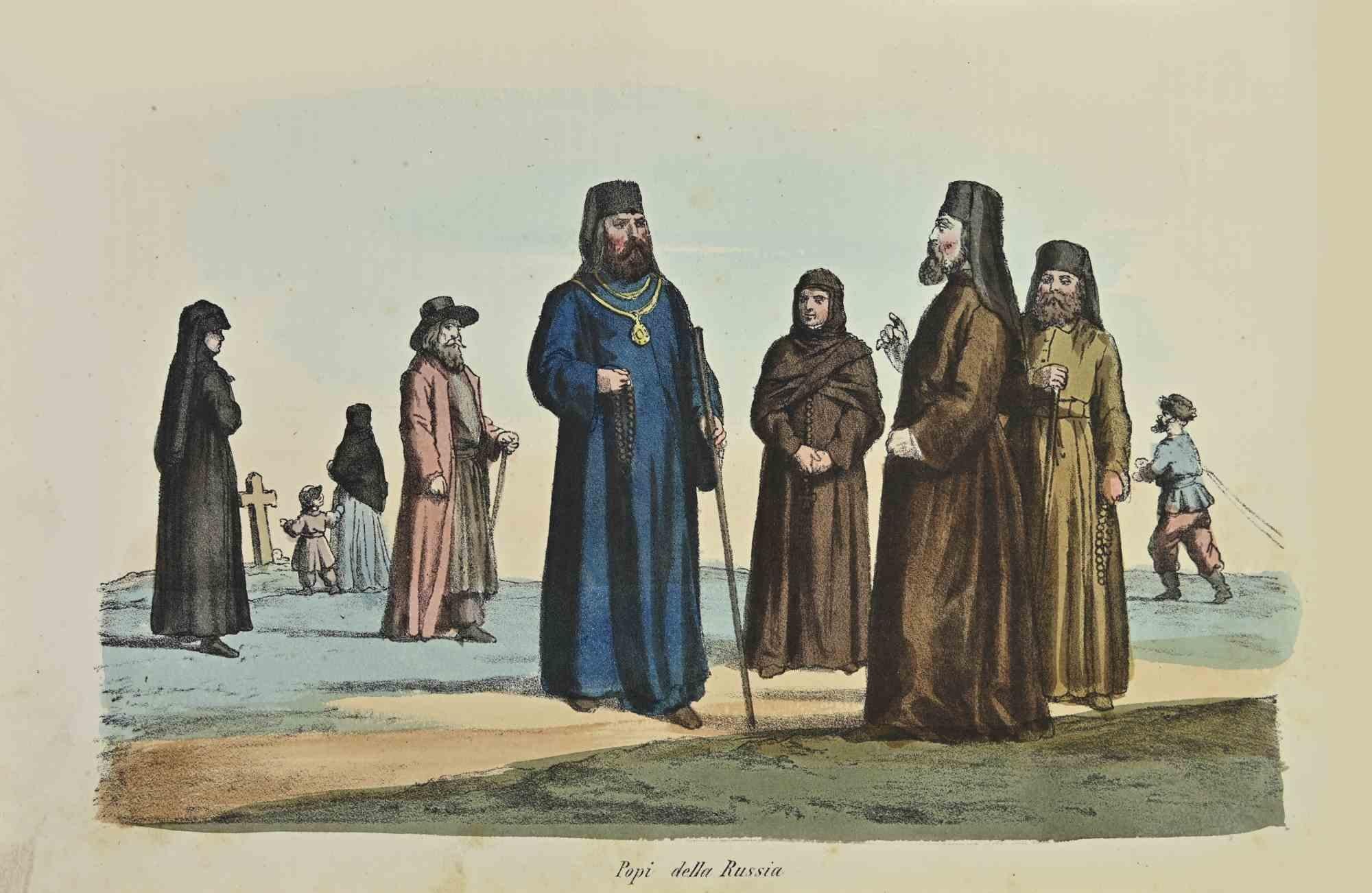 Popes of Russia is a lithograph made by Auguste Wahlen in 1844.

Hand colored.

Good condition.

At the center of the artwork is the original title "Popi della Russia".

The work is part of Suite Moeurs, usages et costumes de tous les peuples du