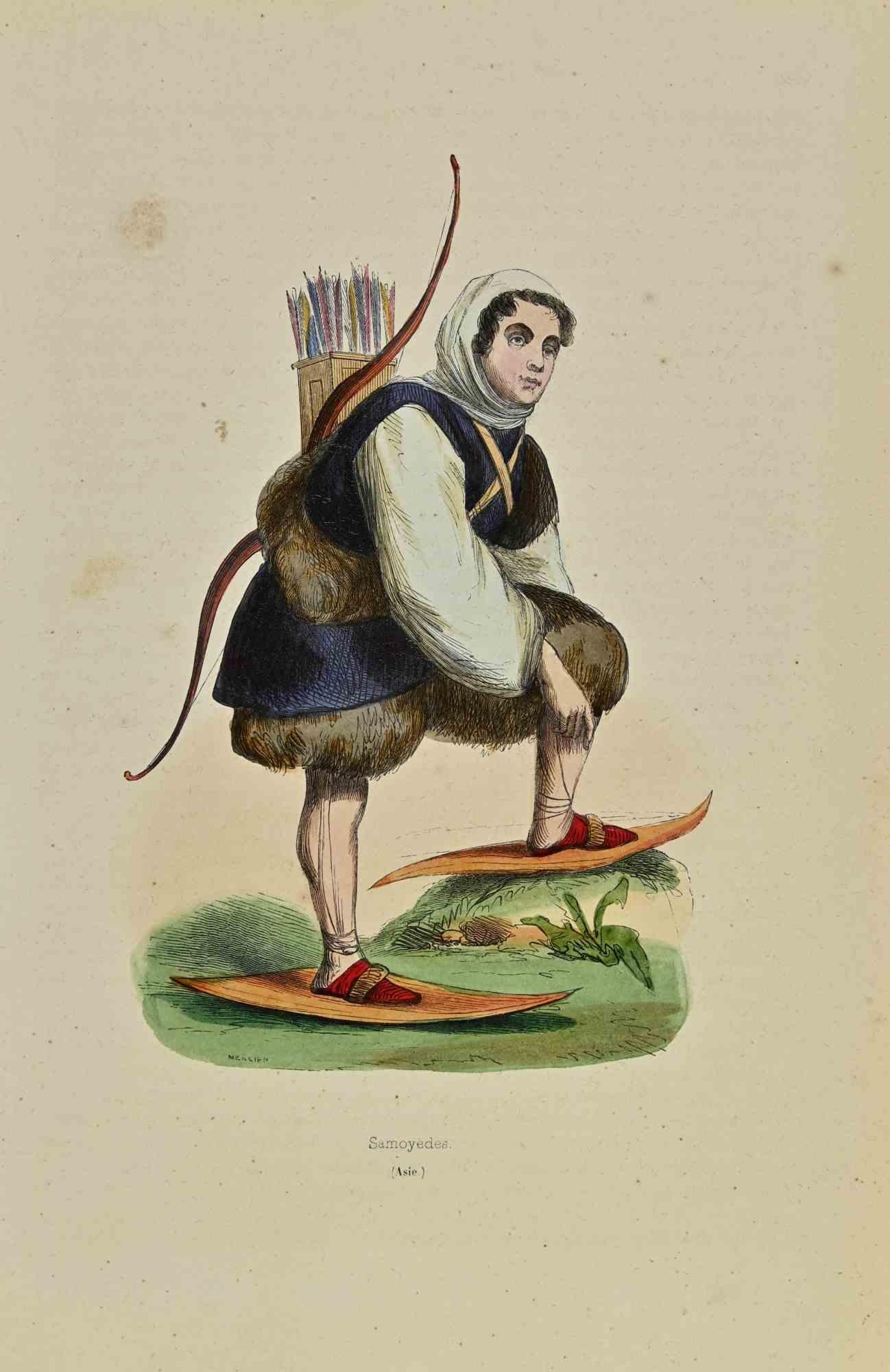 Samoyeds is a lithograph made by Auguste Wahlen in 1844.

Hand colored.

Good condition.

At the center of the artwork is the original title "Samoyèdes".

The work is part of Suite Moeurs, usages et costumes de tous les peuples du monde, d'après des