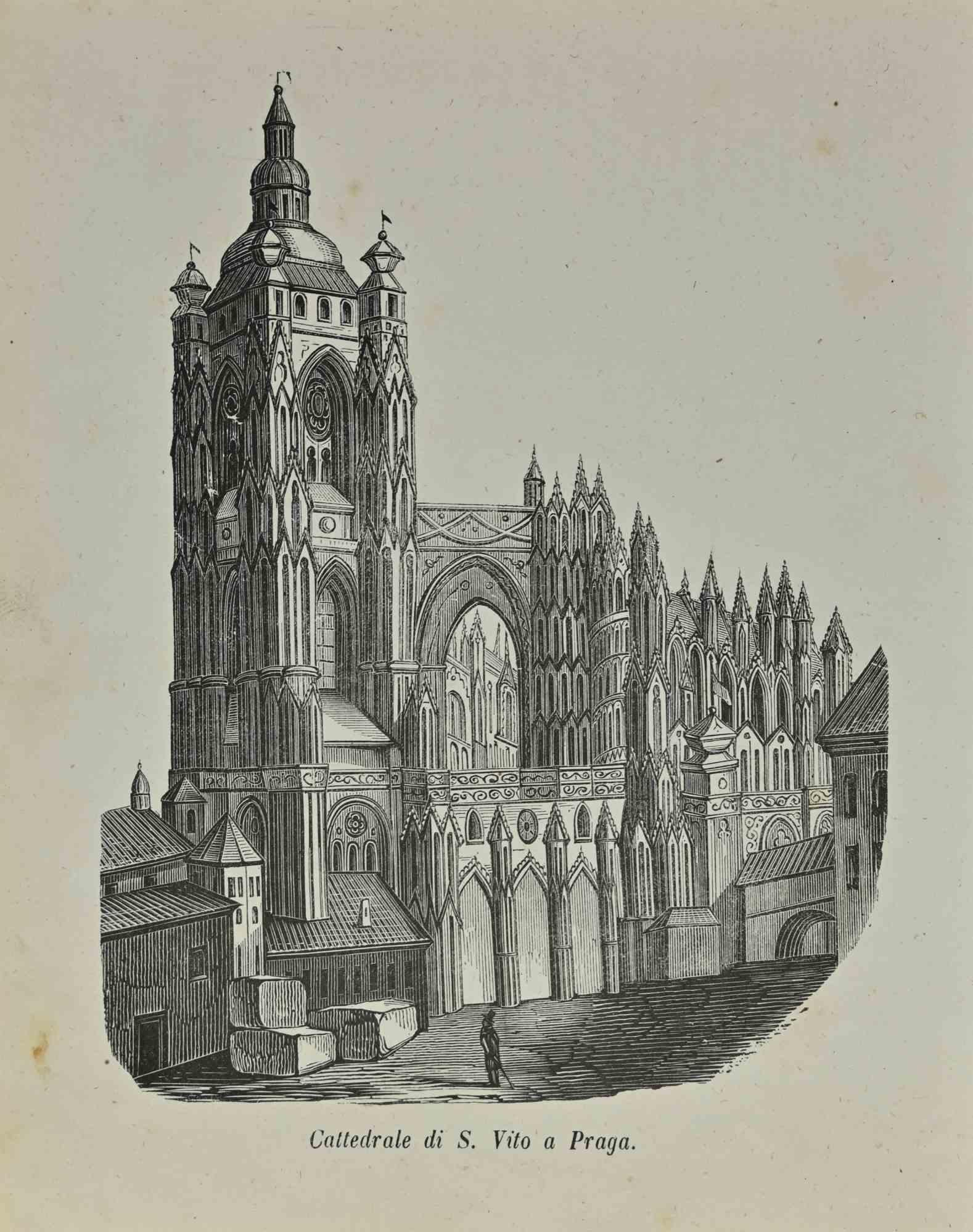 St. Vitus Cathedral in Prague is a lithograph made by Auguste Wahlen in 1844.

Good condition.

Drawing in black and white.

At the center of the artwork is the original title "Cattedrale di S. Vito a Praga".

The work is part of Suite Moeurs,