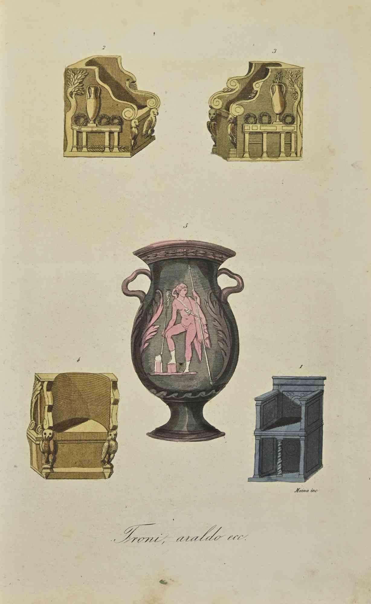 Thrones, herald etc. is a lithograph realized by Auguste Wahlen in 1844.

Hand colored.

Good condition.

At the center of the artwork is the original title "Troni, araldo ecc.".

The work is part of Suite Moeurs, usages et costumes de tous les