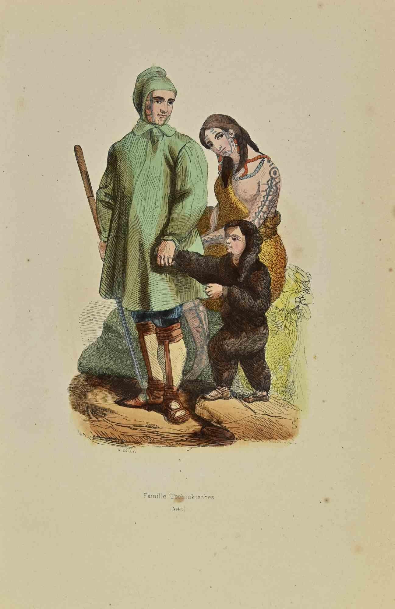 Tschiuktsches Family is a lithograph made by Auguste Wahlen in 1844.

Hand colored.

Good condition.

At the center of the artwork is the original title "Famille Tschiuktsches".

The work is part of Suite Moeurs, usages et costumes de tous les