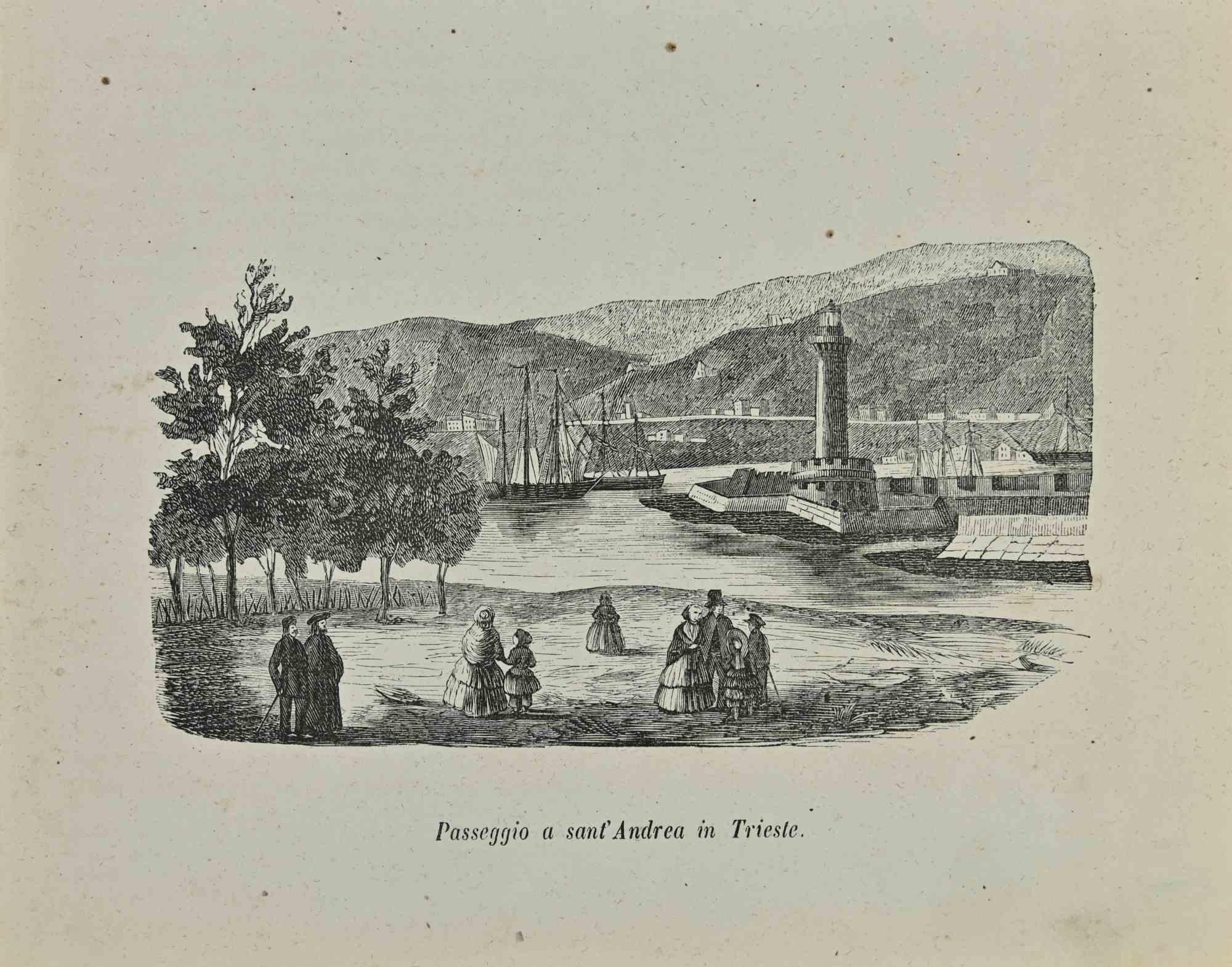 Walk to Sant'Andrea in Trieste is a lithograph made by Auguste Wahlen in 1844.

Good condition.

Drawing in black and white.

At the center of the artwork is the original title "Passeggio a sant'Andrea in Trieste".

The work is part of Suite Moeurs,