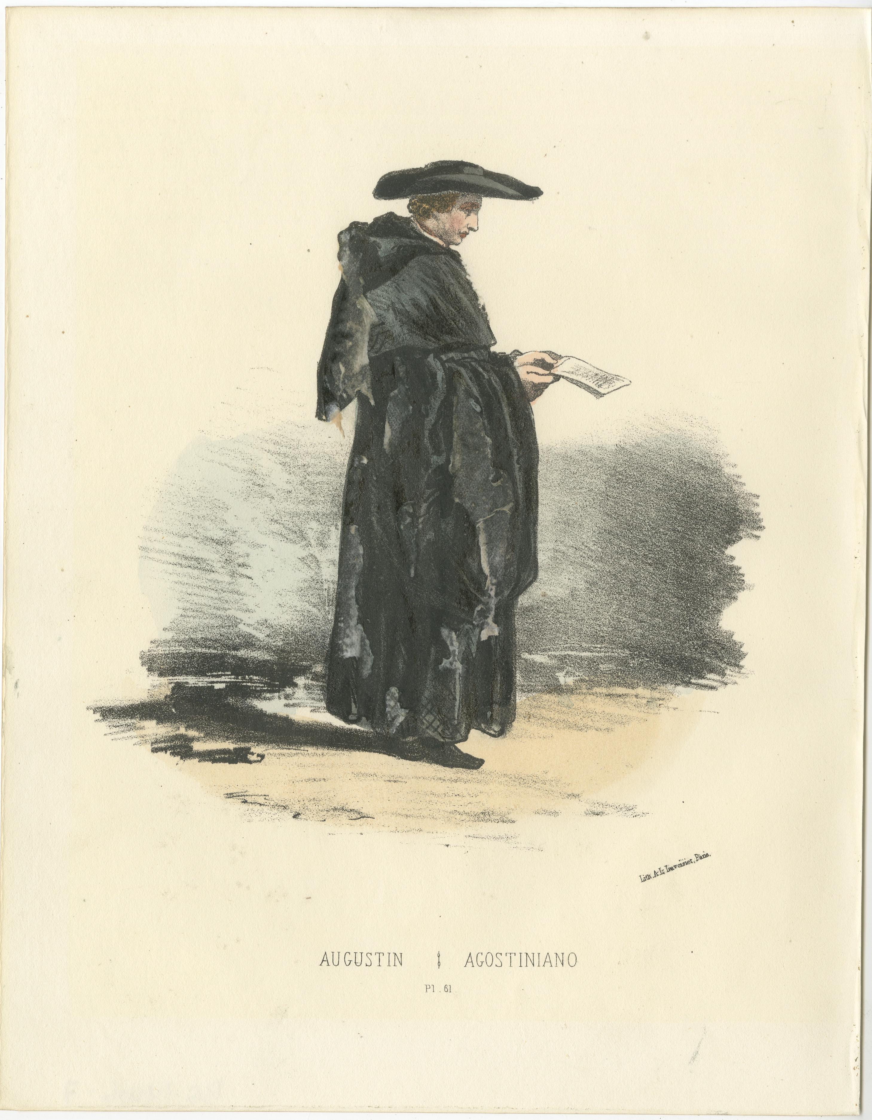  Augustin - 1862 Handkolorierte Lithographie eines Augustinianischen Monken  

Diese schöne handkolorierte Lithografie aus dem Jahr 1862 zeigt einen Augustinermönch, der die charakteristische Schlichtheit und Feierlichkeit des Ordens des Heiligen