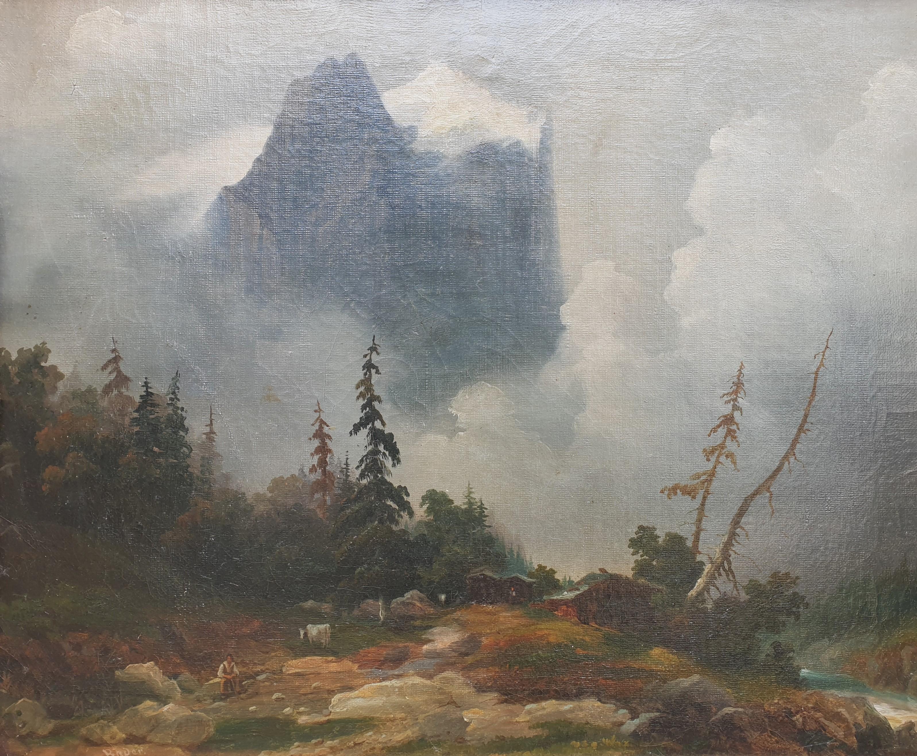 BADER valley CHARMEY Switzerland landscape mountain Swiss painter 19th  - Painting by Augustin BADER