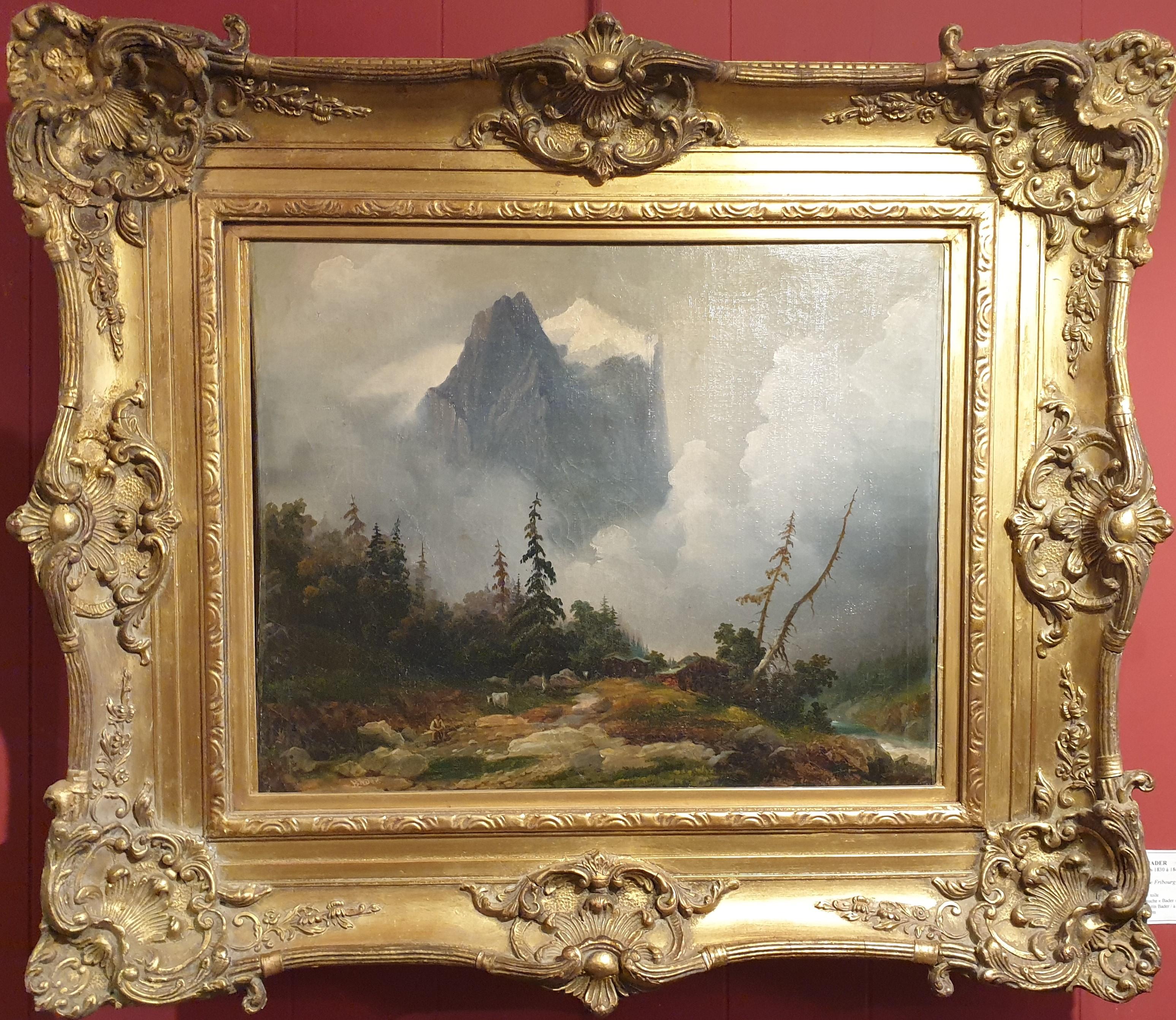 BADER Tal CHARMEY Schweiz Landschaft Berg Schweizer Maler 19. – Painting von Augustin BADER