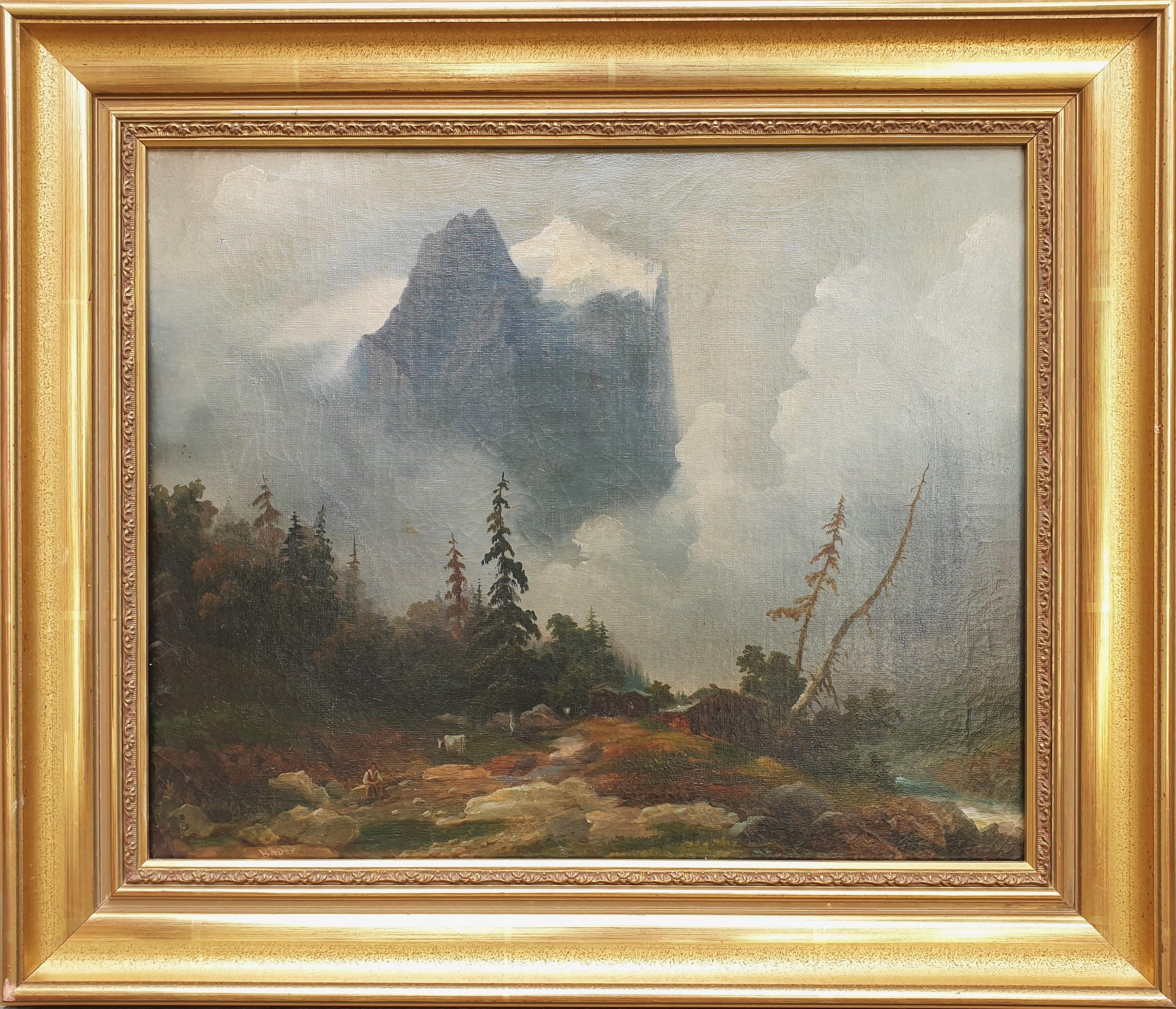 Augustin BADER Landscape Painting - BADER valley CHARMEY Switzerland landscape mountain Swiss painter 19th 