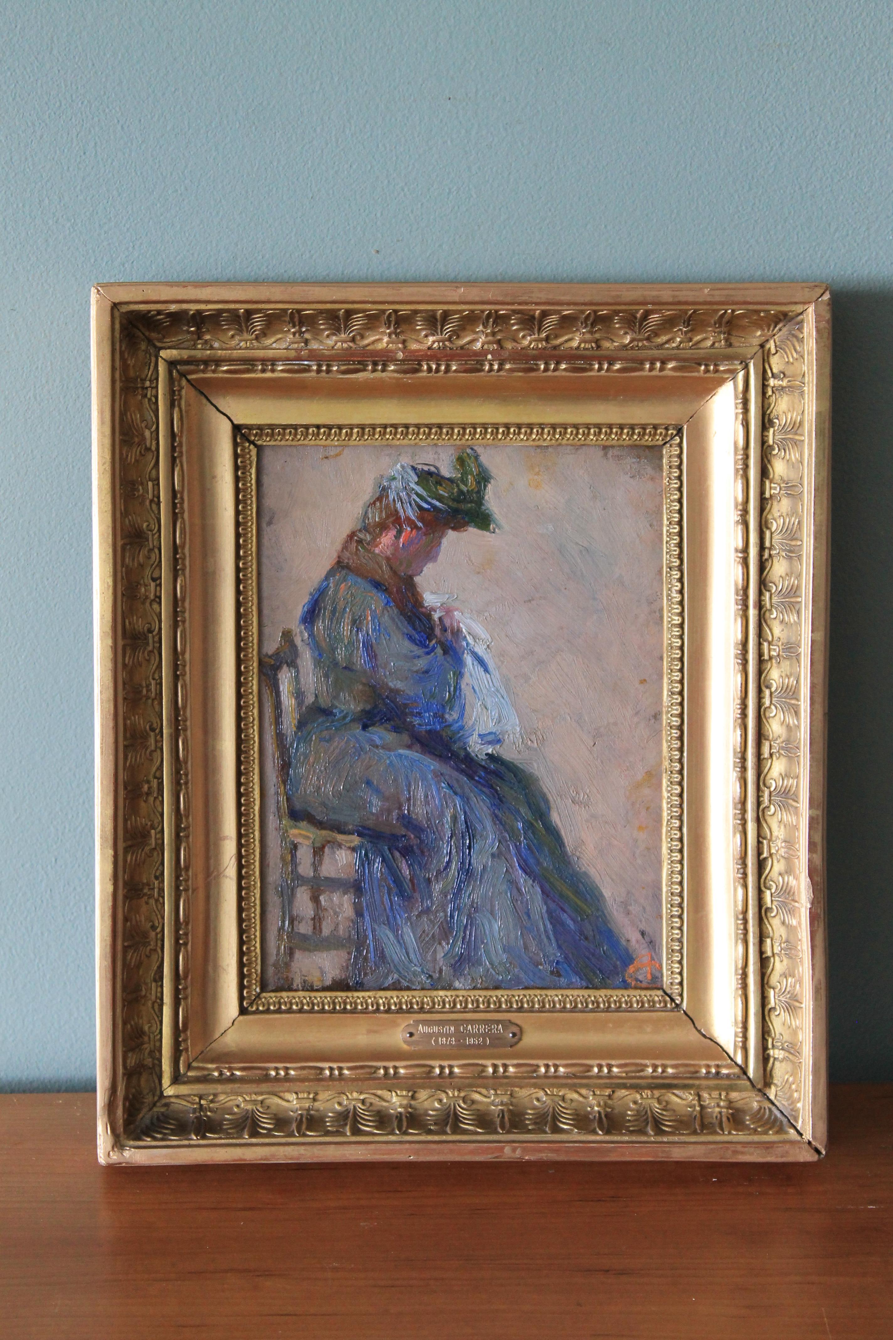 Portrait de femme, peinture à l'huile figurative d'Augustin Carrera (1878-1952) 1