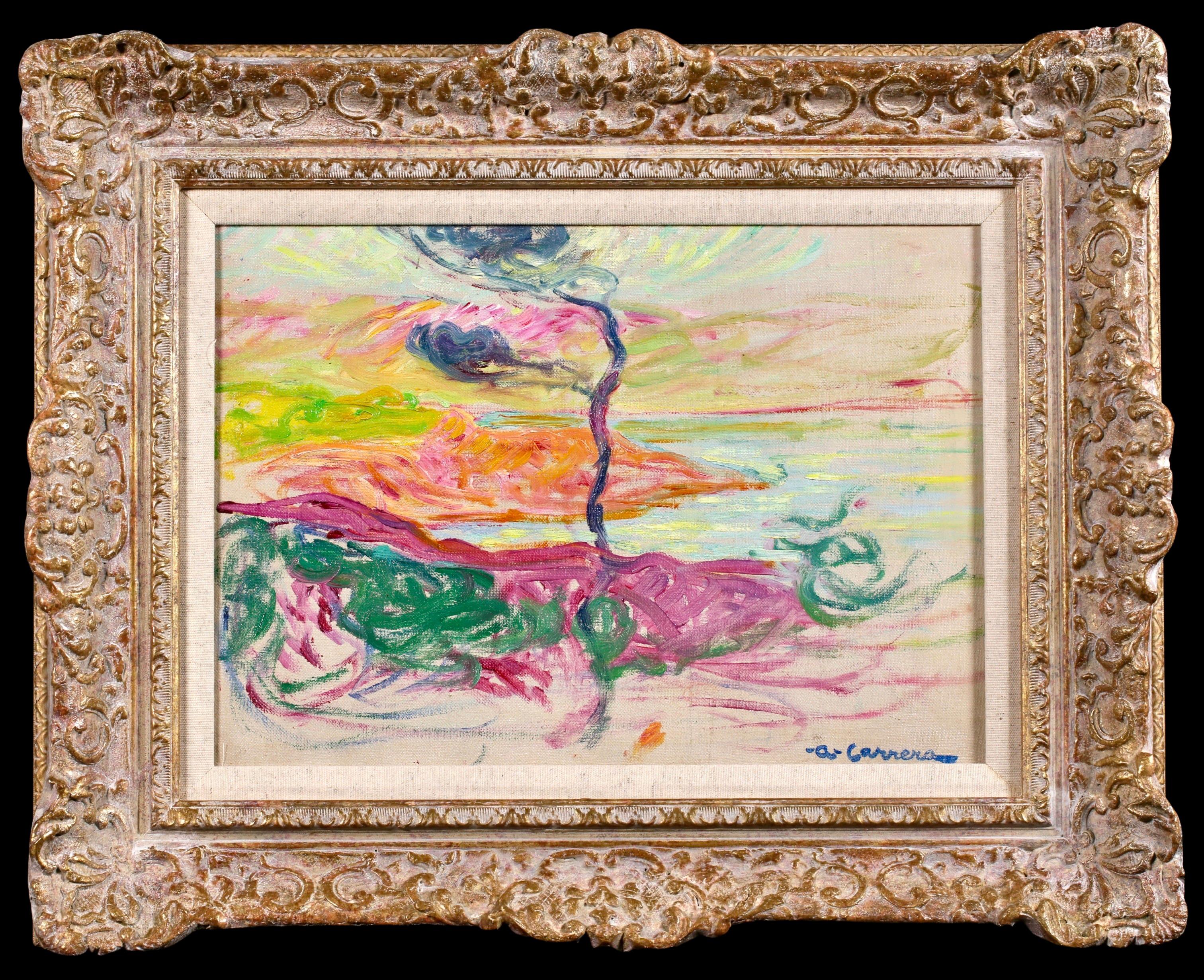 Signed oil on canvas landscape circa 1915 by Spanish post impressionist painter Augustin Emile Carrera. The work depicts a single tree on a cliff top overlooking the sea and coastline below. The sun is setting in the distance illuminating the sky